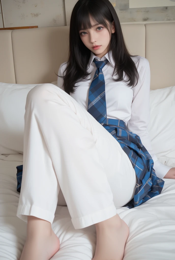 Alone、 Natural Body Shapes、   white skin、 Natural Cosmetics   、   black hair、bangs、    long straight hair 、、(expensive  、barefoot、   white blouse 、 blue plaid pleated skirt to cover white pants)、、(   open leg :1.3)、((  The upper body is wearing a uniform))、((((( camera )))))、(((whole body)))、((( Beautiful eyes showing my thighs    )))、bedroom、   on the bed、   、((   Is the crotch  ))