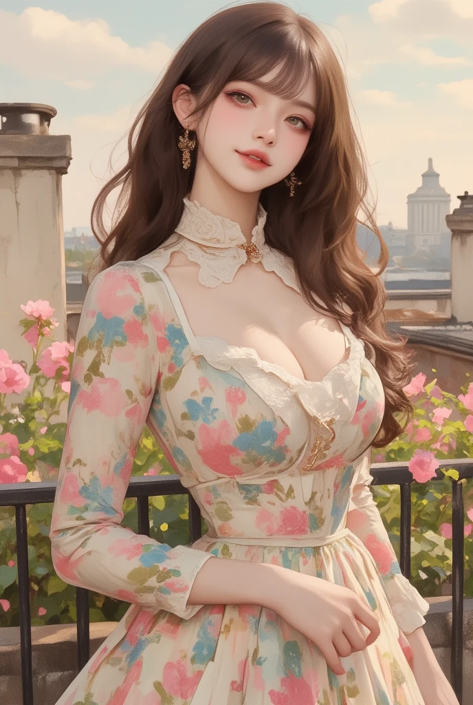  1 girl,Performance\( bewitching smile, half-closed eyes,confident\), Graceful posture,  long sleeve dress, High collar, Intricate floral pattern,   flowing hair , background\(Rooftop garden, Steel fence ,  Soft Pastel Lighting , Blooming flowers々, Delicate Shadows\),  Art Nouveau Style, Watercolor style,  best quality , 