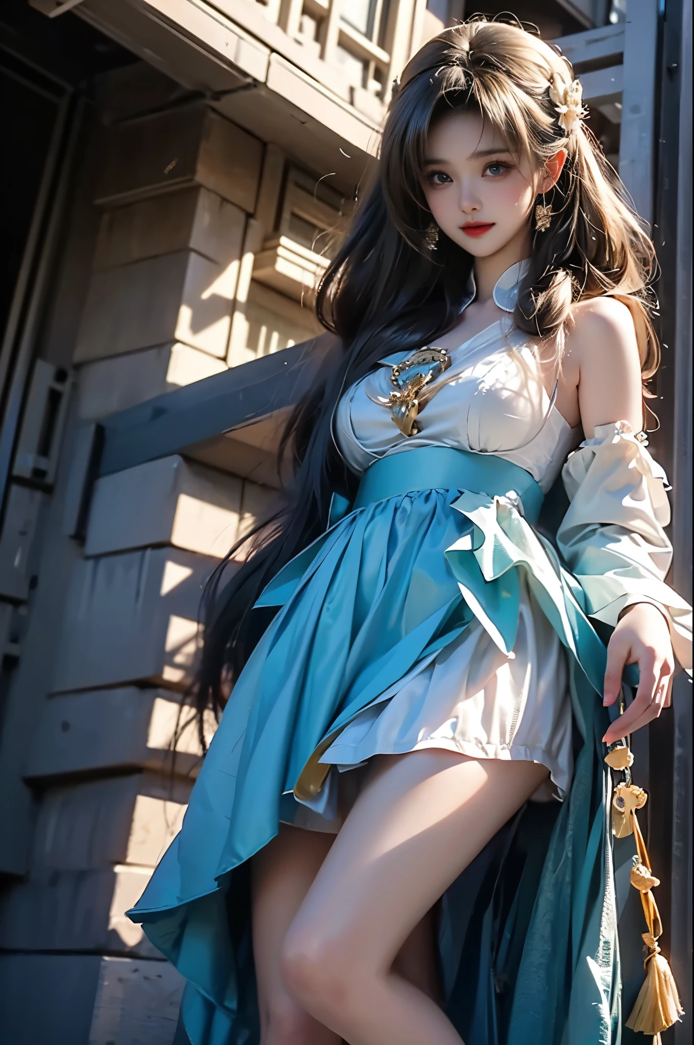 (masterpiece、highest quality、Every detail,Great lighting,Shallow depth of field)(One girl,alone)(pretty girl,Blue long dress,The dress has a loose fit,Expose your shoulders,Sleeveless,white long hair、Beautiful medium sized breasts,Beautiful cleavage,thin and white legs、White skin)(Remains、Dilapidated building、Collapsed wall)(close)(Picture from the waist up、Sexy model posing)