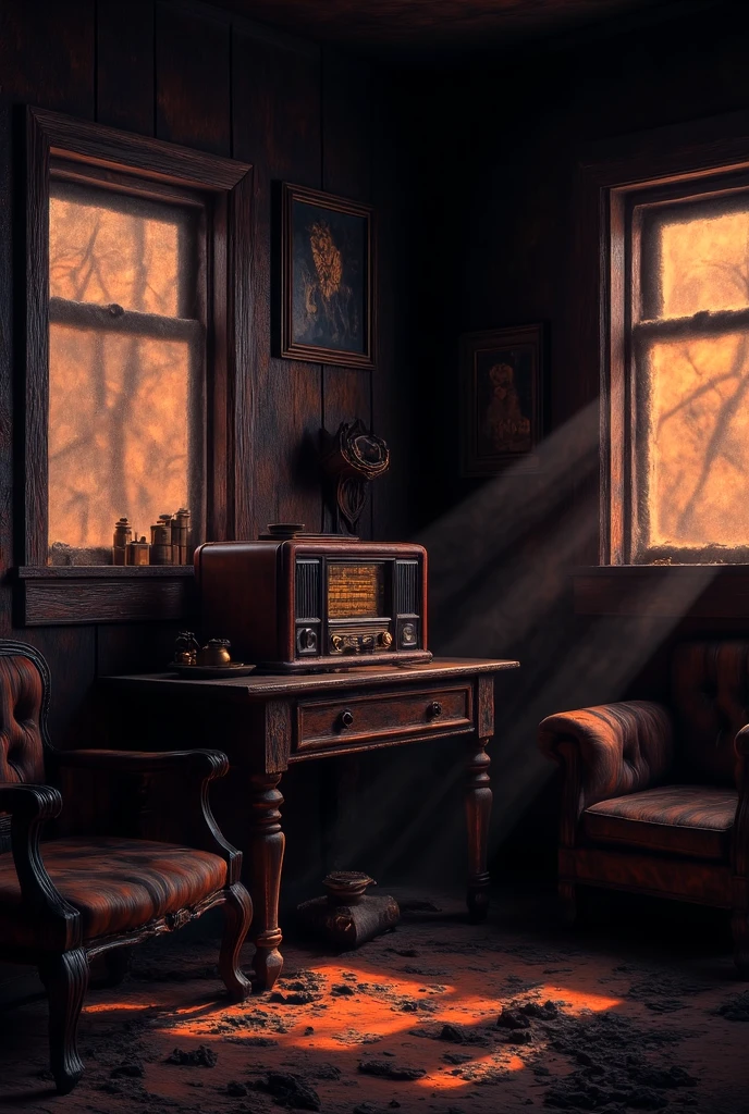 Interior of a cozy but dusty cabin, featuring an old radio with one round knot and a little square mirror on top, on a table and faded furniture.