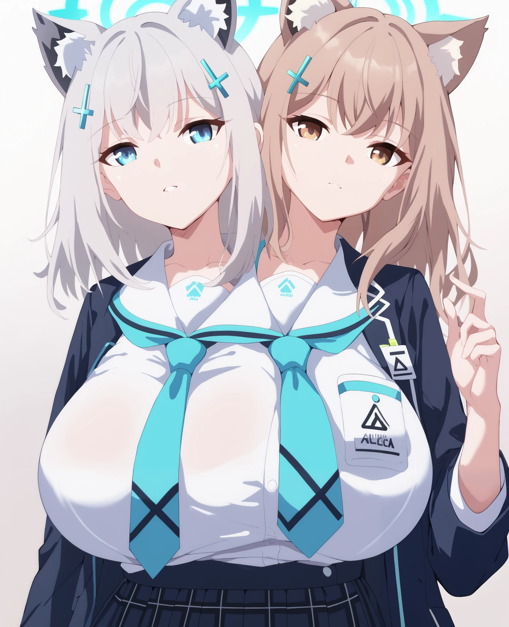 2heads, a tall thin woman with 2 heads, blue Archive, girls frontline, Sunaookami Shiroko, ump45, white hair, blue eyes, brown hair, brown eyes, animal ears, grinning, school uniform. Huge breasts.