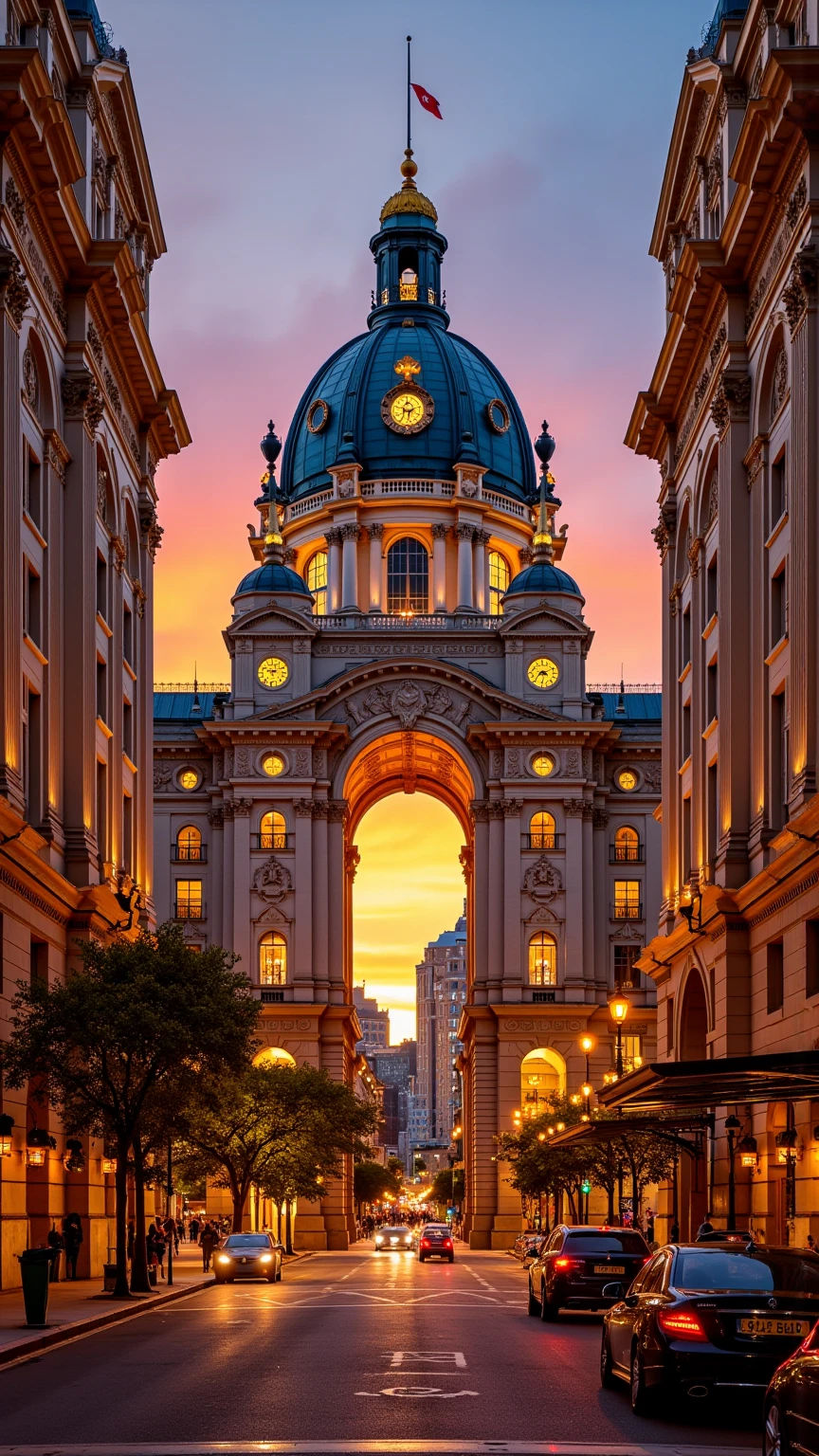 Queen Victoria building in Sydney Australia at sunset, this is the biggest neoclassical building in the world, it is the size of 18 city blocks, multiple domed ceilings, stained glass rosette windows