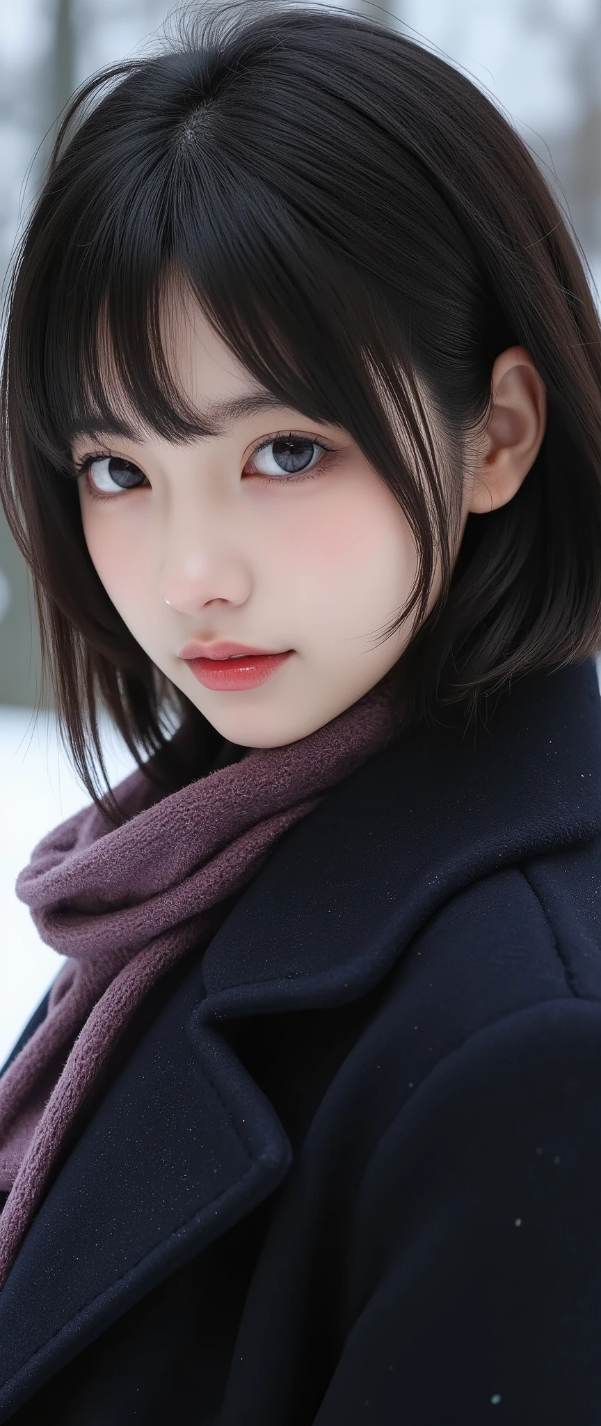beautiful girl with realistic dark eyes , blue-white skin, with medium length dark hair, perfect face , perfect eyes, With the coat on , VERY DETAILED, Comprehensive cinematic, digital paint, 8k, cinematic lighting , best quality , High Resolution , Detailed work, Post-Processing , Perfect results, surreal