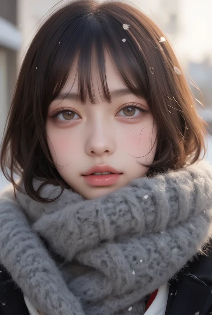 ((  炭鉱in化粧なし  、   close eyes  、   close your mouth:1.2))、(   realistic  、 Photo  realistic  、   very detailed、  realistic skin type  、  in、 the thinnest skin   、   top quality 、    Penis Masterpiece   、   Ultra Fine )、   very short hair  、、    high school girl with visible armpits   、   young girl、   1 girl、 bang 、 double eyelids、Drooling eyes、    The Face of Japan    、purity、Double teeth、   realistic  肌タイプ、Thick muffler、   gray scarf   、 fluffy hair that pulls the body together、((    is on the inside 、The hair is muffler    :1.3))、   red cheeks   、    the wind is blowing   、that&#39;   snowing   、 knight 、illumination、  in、The light is shining from behind  ,  Cowboy Shots 、