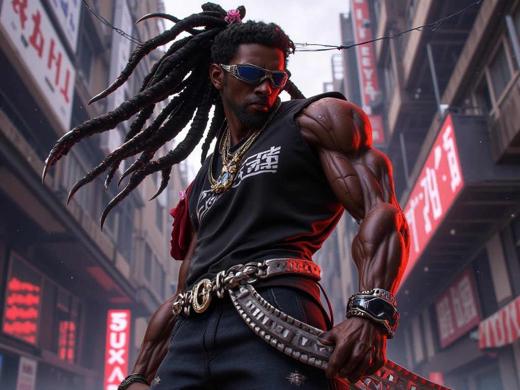 in NYC, Times Square, 18 year old white boy in Wolf style, from DC comics, with dreadlocks, intergalactic anti-heroine, known for her cruelty and sarcastic behavior.. He is depicted as an alien humanoid with pale white skin., long black dreadlocks, and super muscular physique in tight black leather pants.. His bright red eyes give his appearance a menacing cast... Often dressed in an open black leather vest., Tight pants, and heavy boots, he has a punk rock look. With tattoos and scars all over my body, emphasizing his seasoned character.,
