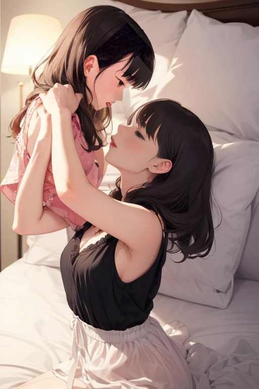 (RAW Photos, 4K, masterpiece, High resolution, Very complex) (reality的: 1.4),
((2 girls)),,Blushing,((Innocent)),Bright Eyes,Round eyes,Blunt bangs,(Straight hair:1.3),Black Hair,Medium chest,Wide Hips,, 15-year-old girl、Cute type、Lolita, (highest quality), (High resolution), (Very delicate and beautiful),(Beautiful 8k face),Short Bob Hair,( audience),(Medium chest, Expresses the roundness and softness of the breasts, Do not publish),(Play with each other,Touching each other's bodies,Touching the body),(Sleeveless T-shirt, Shorts),(reality),Bright lighting,(The background is a room in a luxury hotel)