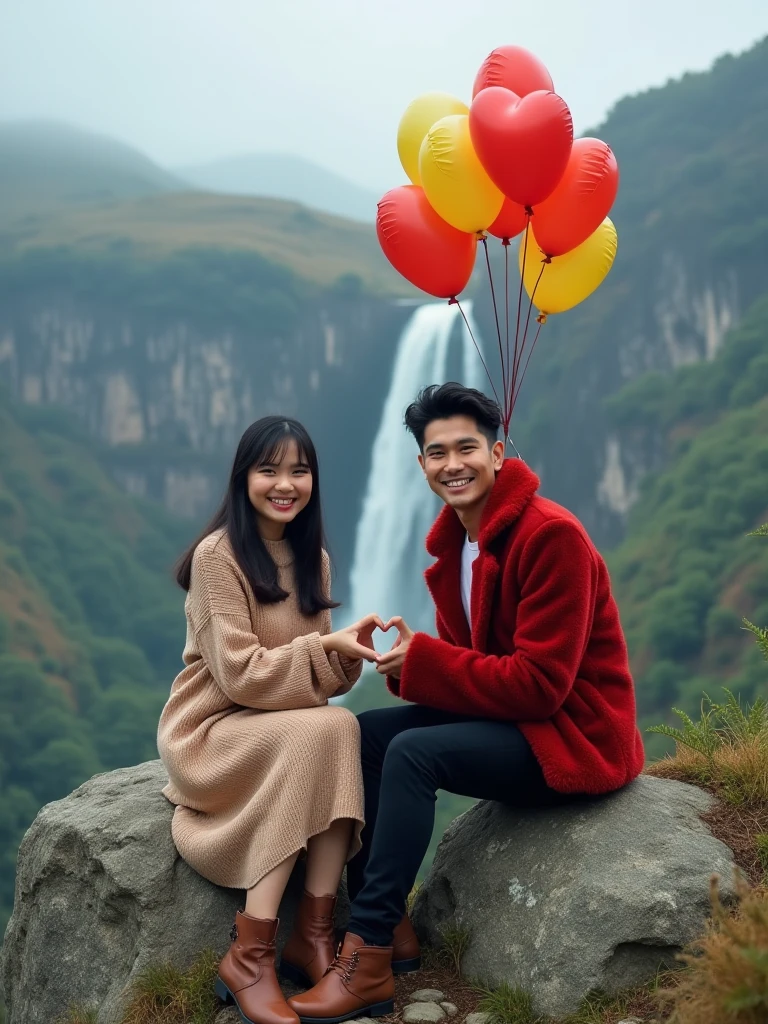 romantic Indonesian couple; man with short black hair; woman with long straight black hair, sitting in a basket with a hot air balloon, colorful hot air ballon, hanging from a hot air balloon, as an air balloon, flying towards the camera, stunning surrealist sky, depictation landscape, they are smilling, happy, romantic pose, taken on go pro hero8, flying in the air, hot air balloons, up, facing the camera, photorealistic, 1536px, high quality.
