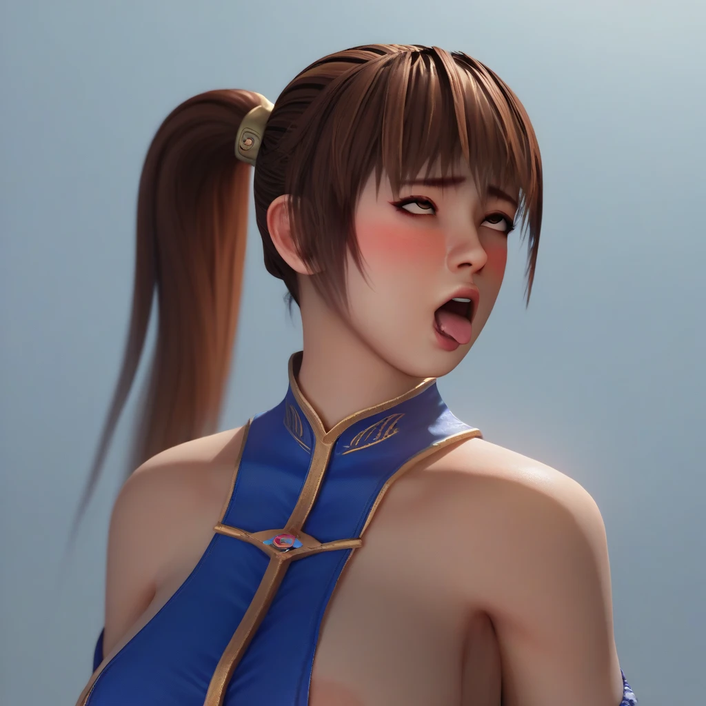 1girl, Solo, High Resolution, Masterpiece, Anatomically Correct, Best Quality, Super Detailed, Textured Skin, Large breasts, Image Fill, Cinematic Lighting, Ray Tracing, Unreal Engine, Unreal Engine, 3D Rendering, Ponytail, Brown Hair, Ahegao, Blush, Brown Eyes, Blue Kunoichi outfit