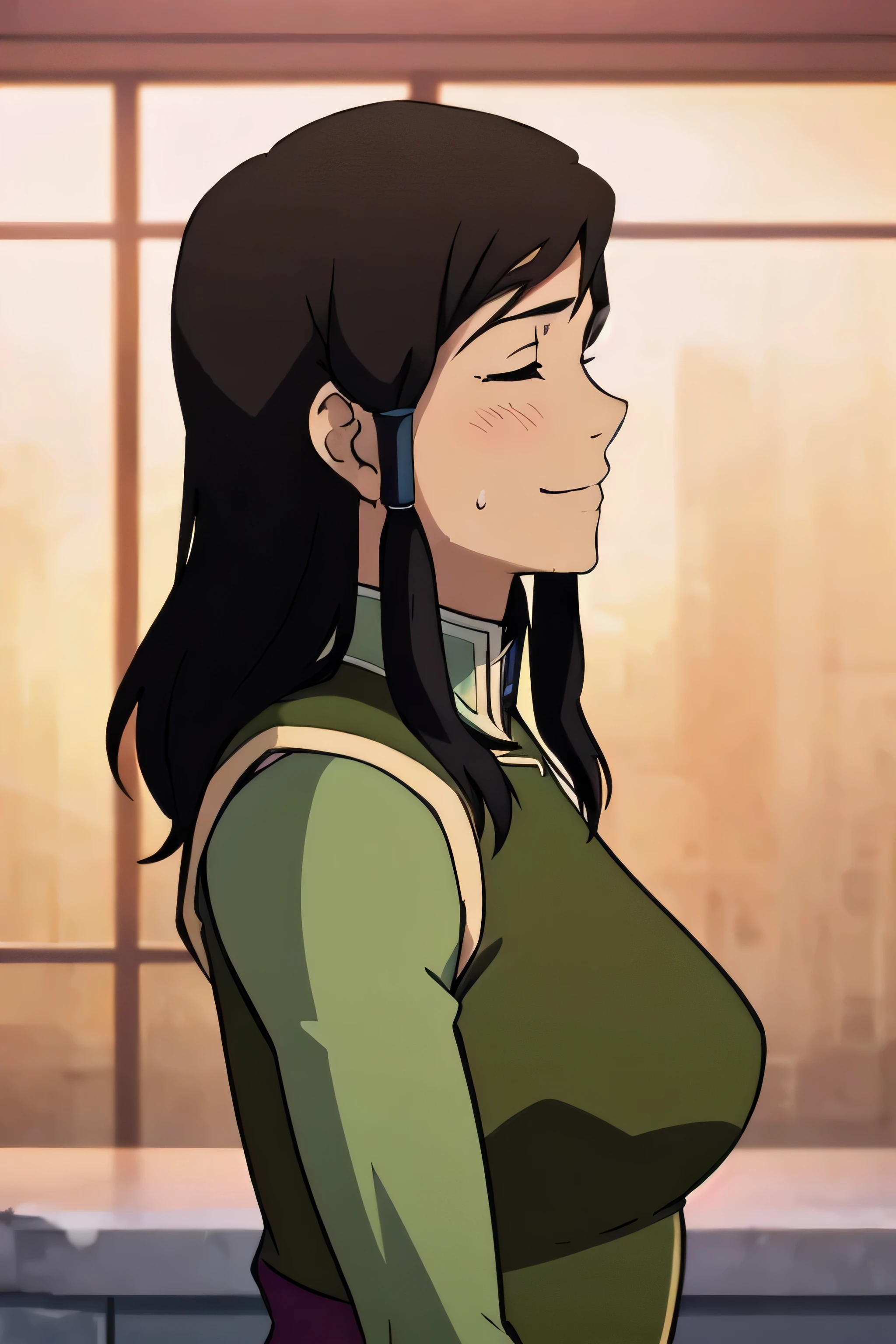 Korra,1girl, solo, upper body, side view, viewed from side, smile, sensual expression,eyes closed,leaning forwards,leaned forwards,sweaty