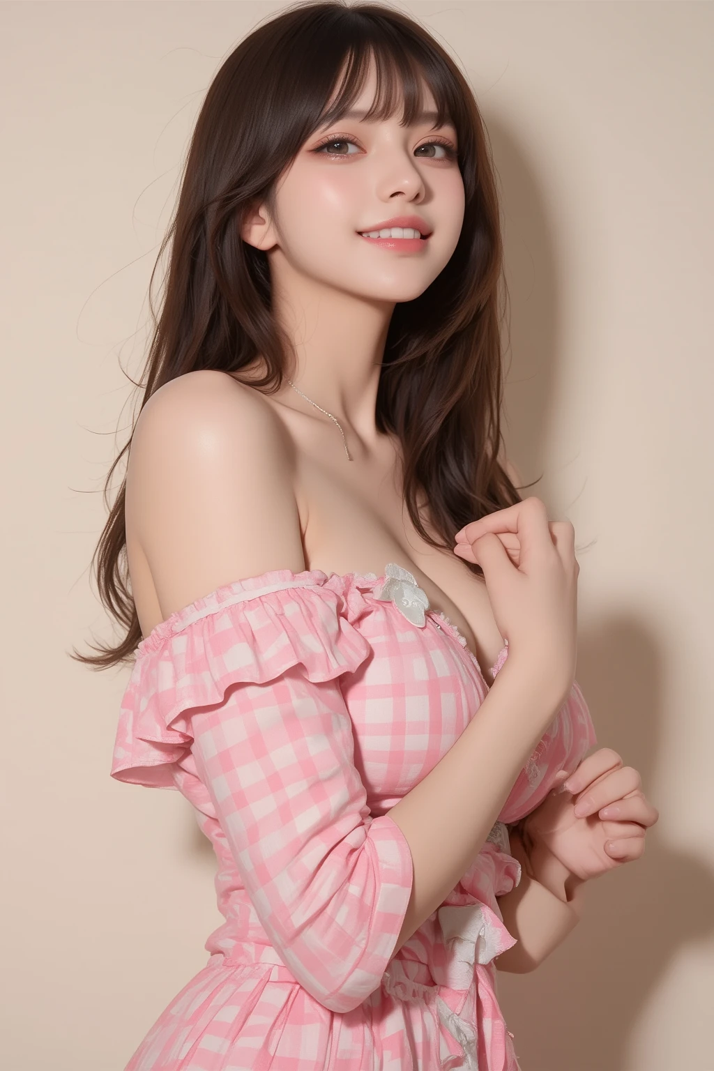 オフショルダーのパジャマwearポーズをとっている、  cute woman in underwear posing with a smile,    of a checked shirt  ,  wear、In front of my chest  ,  look up above my collarbone   、  The background is a solid color 。  

