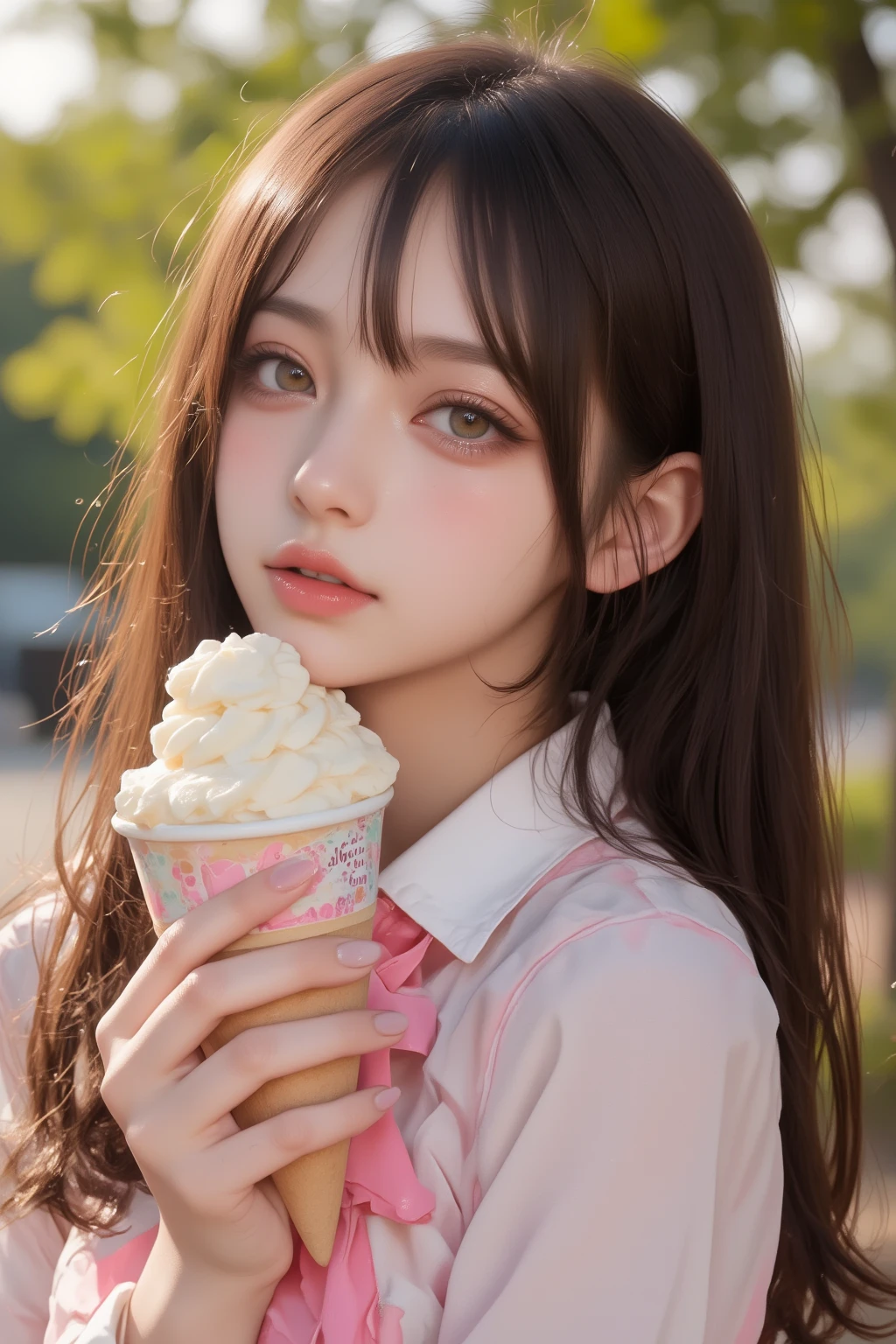     opens the mouth wide   ,((Masterpiece,best quailluminationy 1.4)), (8k,    RAW photos :1.2), (  realistic ,photo   realistic :1.4),     ultra high definition  , (   High definition 8K wallpapers   ) ,  Japanese   Idols,   Japanese   actress,   Japanese  ,     so cute  ,   big eyes,  Face and eyes 、  Every smallest detail has been carefully drawn    、  Blood Comes Back to My Face   ,        down to the smallest details   , Shiny Skin, portrait,(    Twin Tails :1.2),(smile:1.3) ,(   I have soft serve ice cream that is gentle on the hands,   I have soft serve ice cream in my mouth    :1.2),illumination,   Concentration ,     writing border depth , (    DYNAMIC ANGLE  :1.4 ).        blur background    , Bokeh, (  blouse,    frill skirt  :1.2) ,(  Daytime in the Park  .)