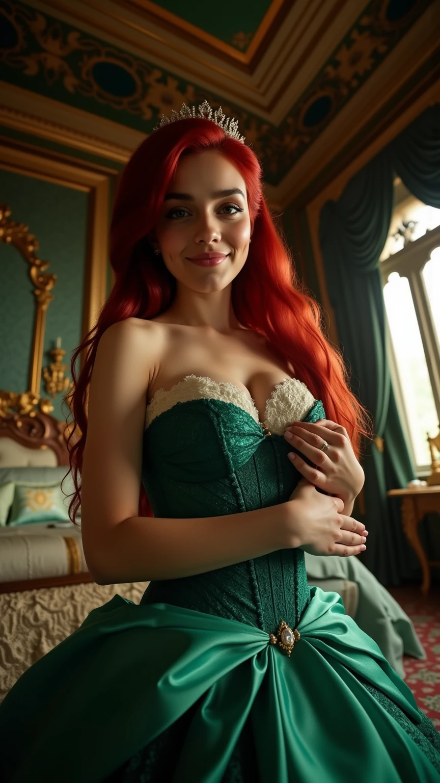 Very Close-up low angle portrait  with a fish eye lens of a busty figure, a young teen  in a ariel costume with her breasts bursting out of the bodice, she is undressing in her bed chamber, the bodice is too small for her breasts, ornate ball gown, ((18 years old with tiny breasts; Disney princess Ariel costume; glued to the body; beautiful and elegant; tiny breasts; red hair swept to the side))) and piercing gaze, standing in a dimly lit palace bedroom room with ornate designs and a high ceiling, with just a hint of early morning sunlight peeking through the windows. She is undressing, loosening her bodice, as she gives a slight  smile. The lighting in the room is dim with a lot focus on her tiny breasts, she is lifting her dress and showing her pink lace panties