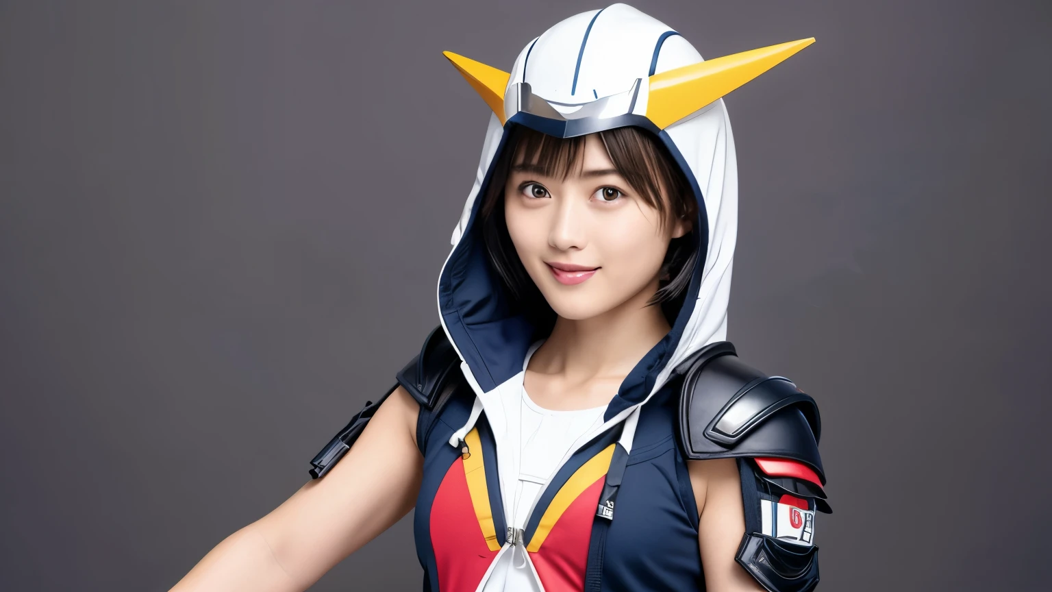 348 (20-year-old female, short hair), ( HD), (smile), (Gatchaman's combat uniform), (beak-shaped transparent hooded helmet), ( abs)