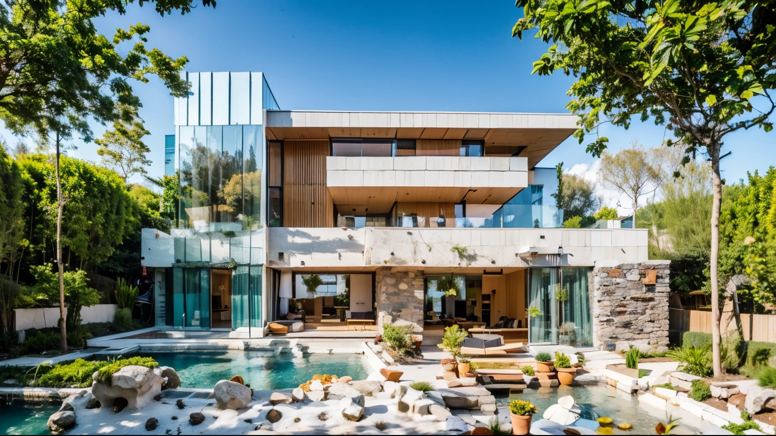 outdoors,onestoreyvillaXL,house, modern style, daylight, tropical trees
