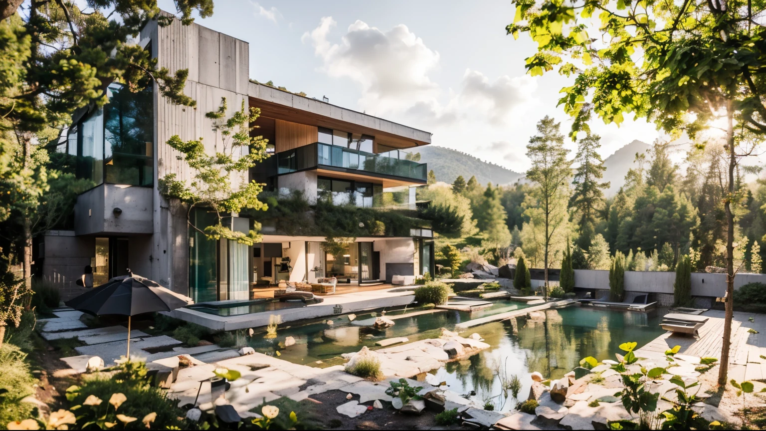 (sping scenery:1.3),grey and red walls, small detached house,(modernist concrete wall house:1.5),(large floor-to-ceiling windows:1.2),(surrounded by forest:1.5),(sloped terrain:1.2),(mountains in the background:1.2),(sunny weather:1.2),(high-definition:1.5),(clear details:1.5),