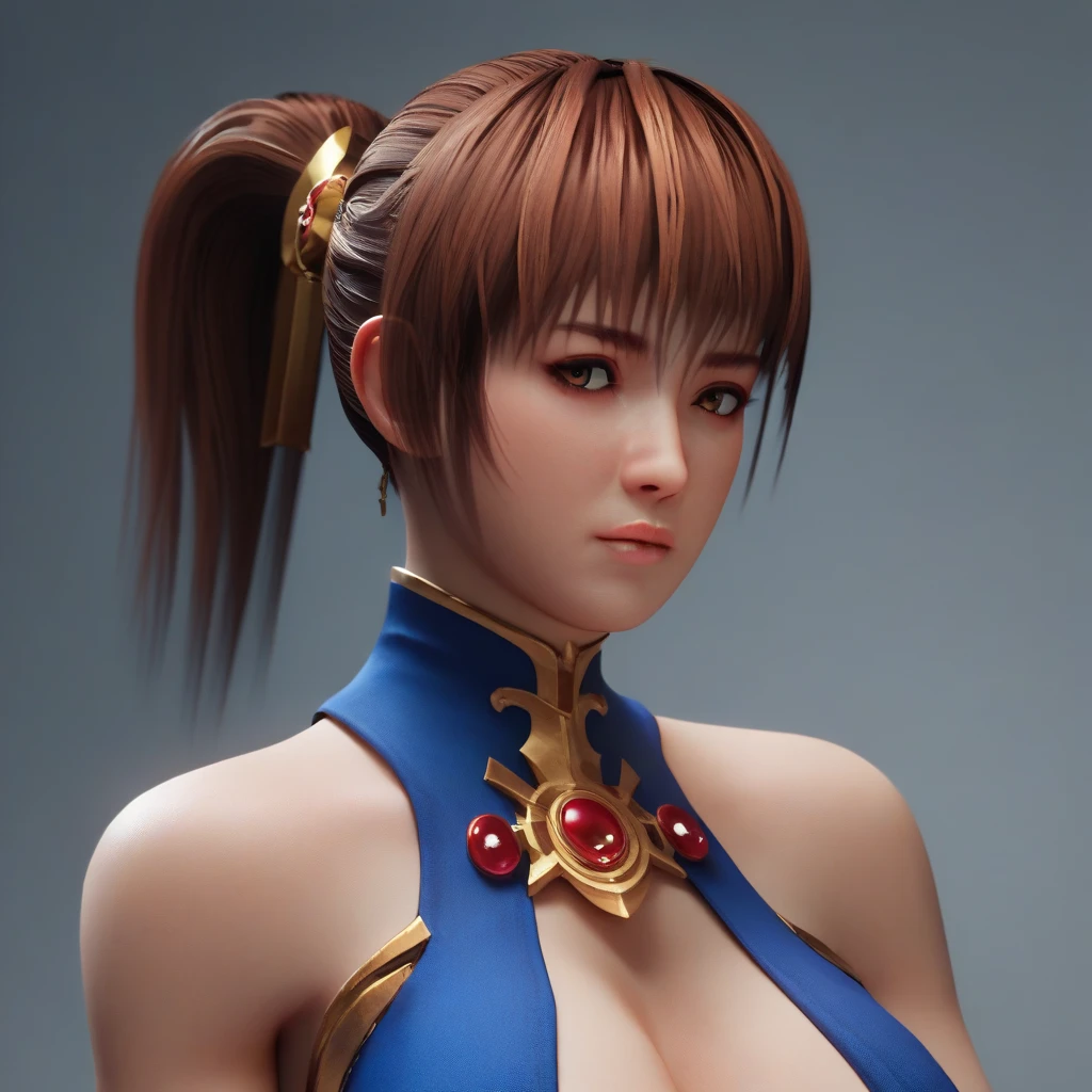 1girl, Solo, High Resolution, Masterpiece, Anatomically Correct, Best Quality, Super Detailed, Textured Skin, Large breasts, Image Fill, Cinematic Lighting, Ray Tracing, Unreal Engine, Unreal Engine, 3D Rendering, Ponytail, Brown Hair, Brown Eyes, Blue Kunoichi outfit