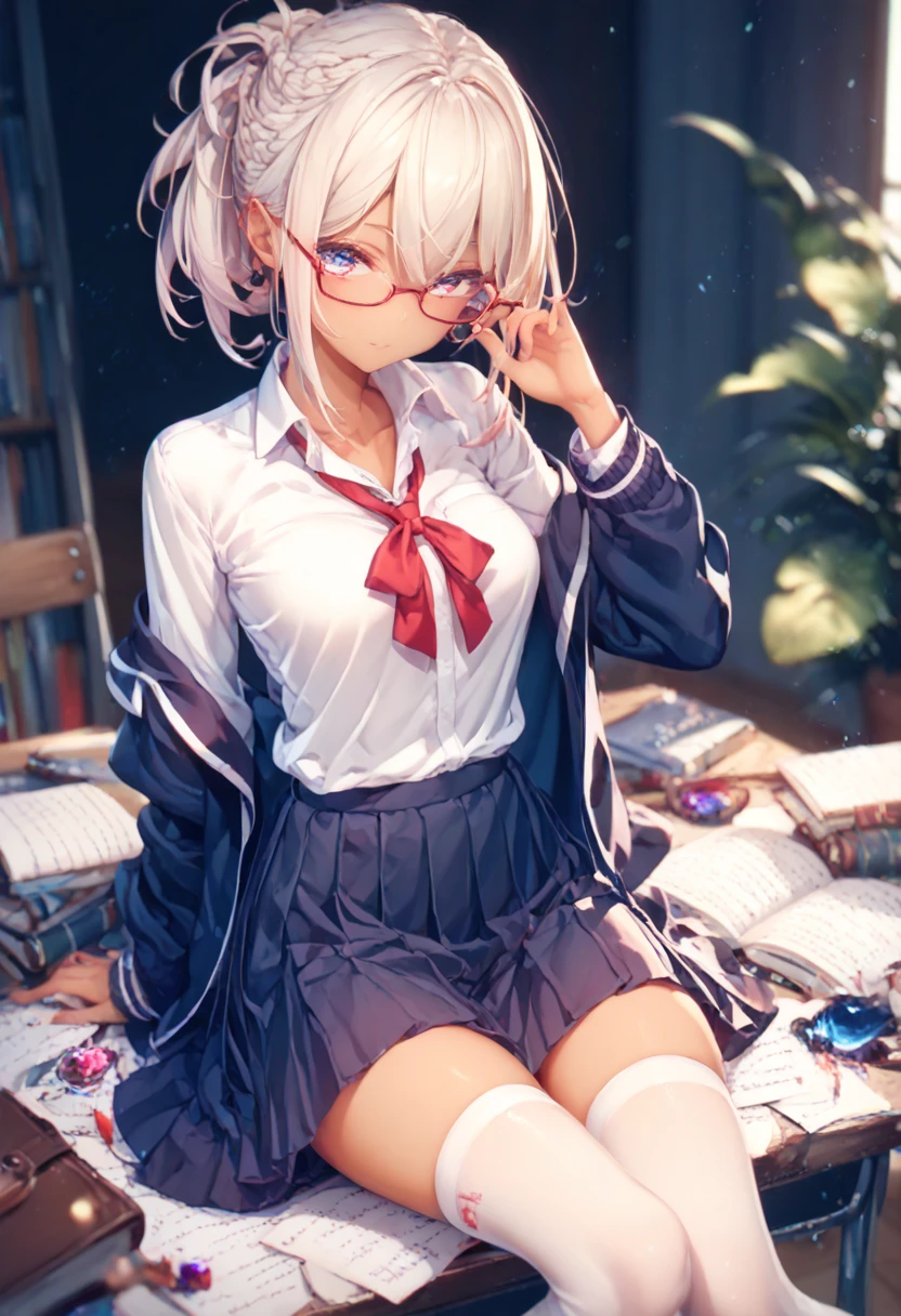    Hair, rpg, mucus,      smooth skin  ,  glasses ,     erotic pose, cut out, stockings,    medium chest  ,school uniform , tan, 4K,  hot girl, длинные  Hair