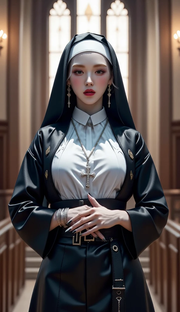  a 25-year-old woman, standing facing forward, In church ,  using the uniform of a nun ,  both hands are praying , lips are black , very detailed image quality ,  using a cross necklace 