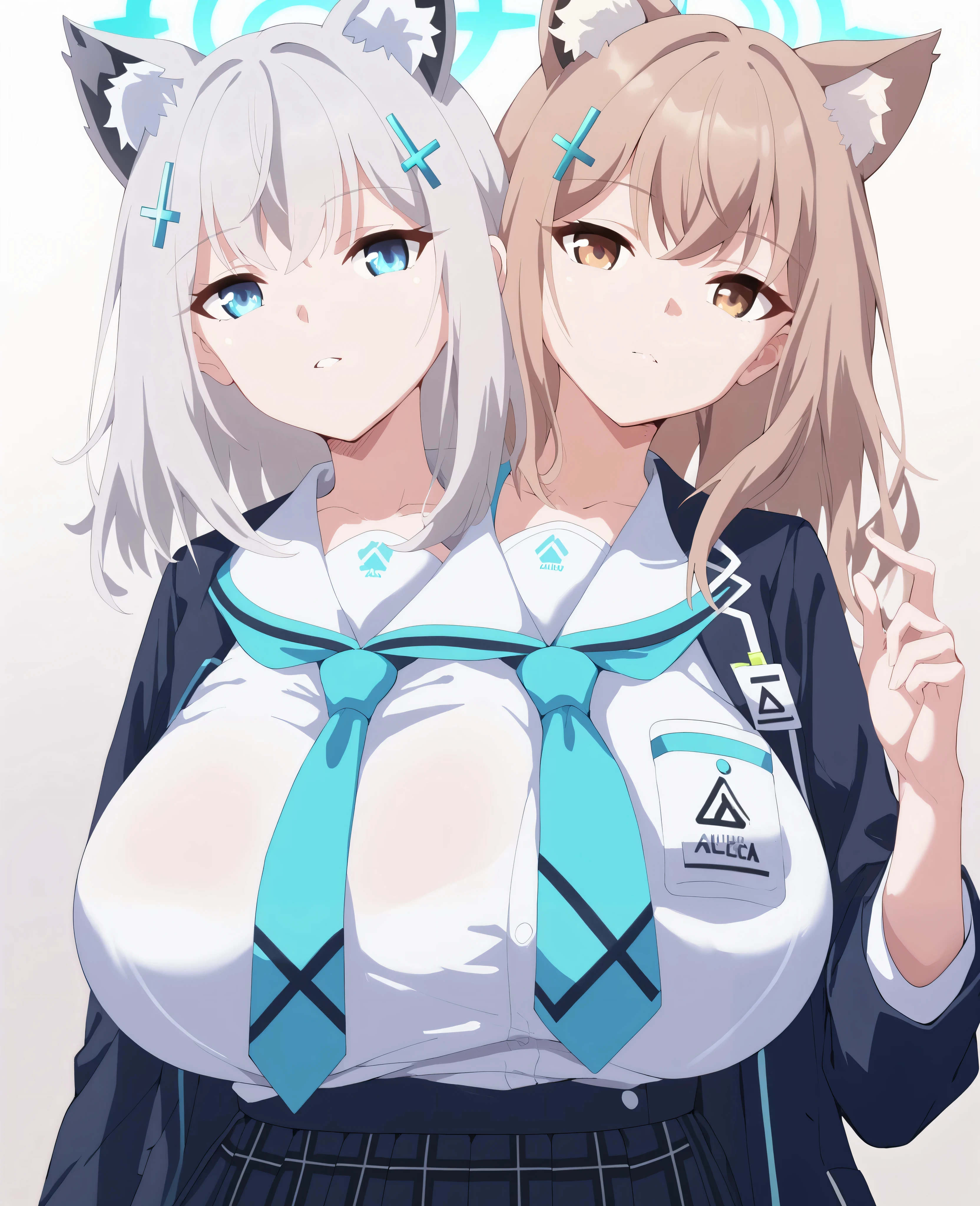 2heads, a tall thin woman with 2 heads, blue Archive, girls frontline, Sunaookami Shiroko, ump45, white hair, blue eyes, brown hair, brown eyes, animal ears, grinning, school uniform. Huge breasts.