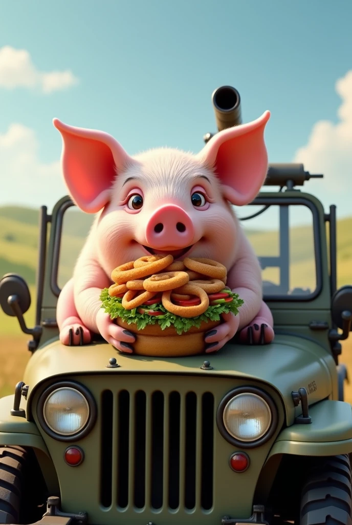 Pepa pig with Mexican hat eating hamburger