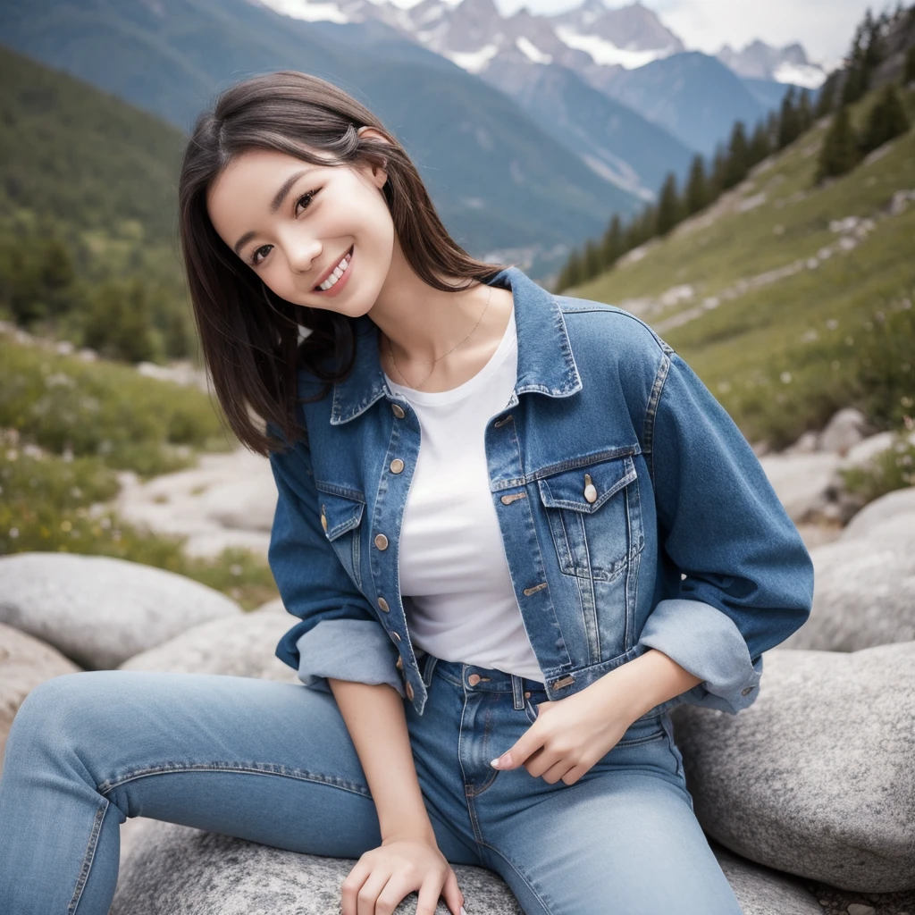 Thai woman, Wavy or Curly Cut, Small Eyes, A Nose with an Arched Bridge Shape, Grinning, Seated Cross-Legged, wearing Denim Jacket and Dress, Secluded Waterfall in background, masterpiece, 8k, high resolution, shallow depth of field, sharp focus