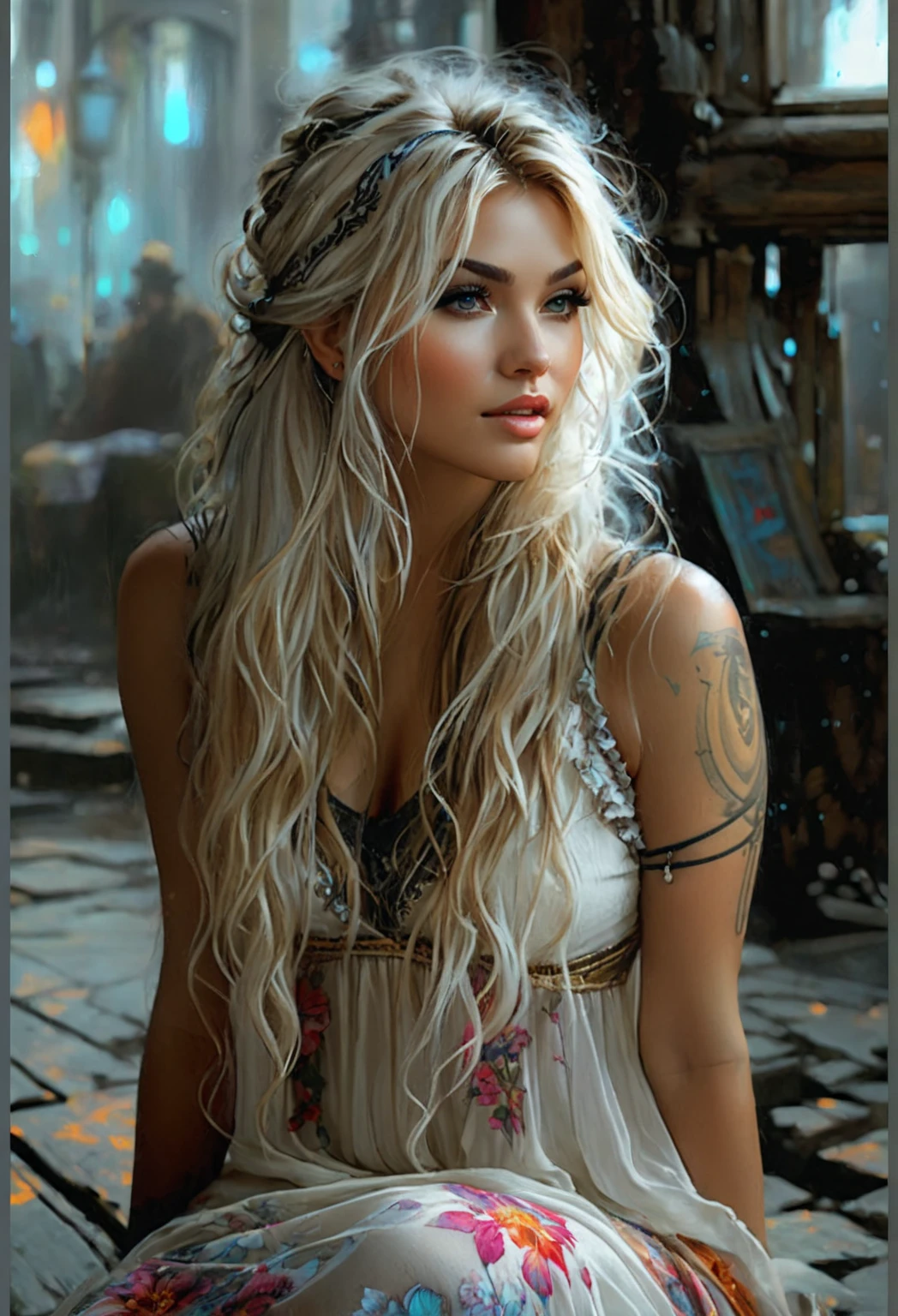 A beautiful romantic girl with long blond hair sits on a bench against the backdrop of a dirty street, turning your head to three quarters, looking away, with a beautiful tattoo on his forearm, dressed in a white sundress with a floral print on straps, made of flowing fabric,  Hyperrealistic-surreal and fantasy composition Ideal and dynamic digital painting, portrait of an incredibly beautiful smiling woman, luxurious brown hair, black light atmosphere, Jose Royo style, Boris Vallejo, Carne Griffithsa, Vadim Kashin, Harrison Fisher, Brian Froud and Jeremy Mann, Epic Setting, black light show, Stedman&#39;s various styles, Hanukkah, Klimt, Bella, Hobby, Newton, Grega Rutkowski, atmospheric, Artstation trend, artgerm, deviant art, octans, masterpiece, Intricate art, details Intricate, Movie poster with matte painting, Golden ratio, Trend of CGsociety, incredibly detailed and incredibly beautiful, high quality 