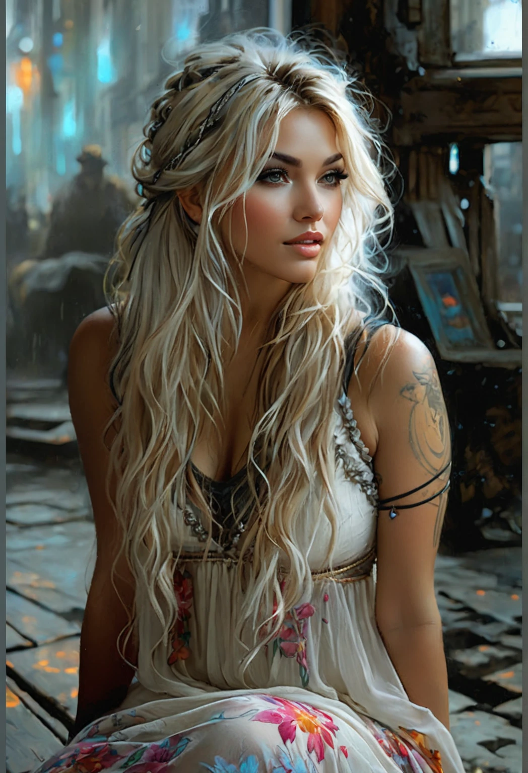 A beautiful romantic girl with long blond hair sits on a bench against the backdrop of a dirty street, turning your head to three quarters, looking away, with a beautiful tattoo on his forearm, dressed in a white sundress with a floral print on straps, made of flowing fabric,  Hyperrealistic-surreal and fantasy composition Ideal and dynamic digital painting, portrait of an incredibly beautiful smiling woman, luxurious brown hair, black light atmosphere, Jose Royo style, Boris Vallejo, Carne Griffithsa, Vadim Kashin, Harrison Fisher, Brian Froud and Jeremy Mann, Epic Setting, black light show, Stedman&#39;s various styles, Hanukkah, Klimt, Bella, Hobby, Newton, Grega Rutkowski, atmospheric, Artstation trend, artgerm, deviant art, octans, masterpiece, Intricate art, details Intricate, Movie poster with matte painting, Golden ratio, Trend of CGsociety, incredibly detailed and incredibly beautiful, high quality 