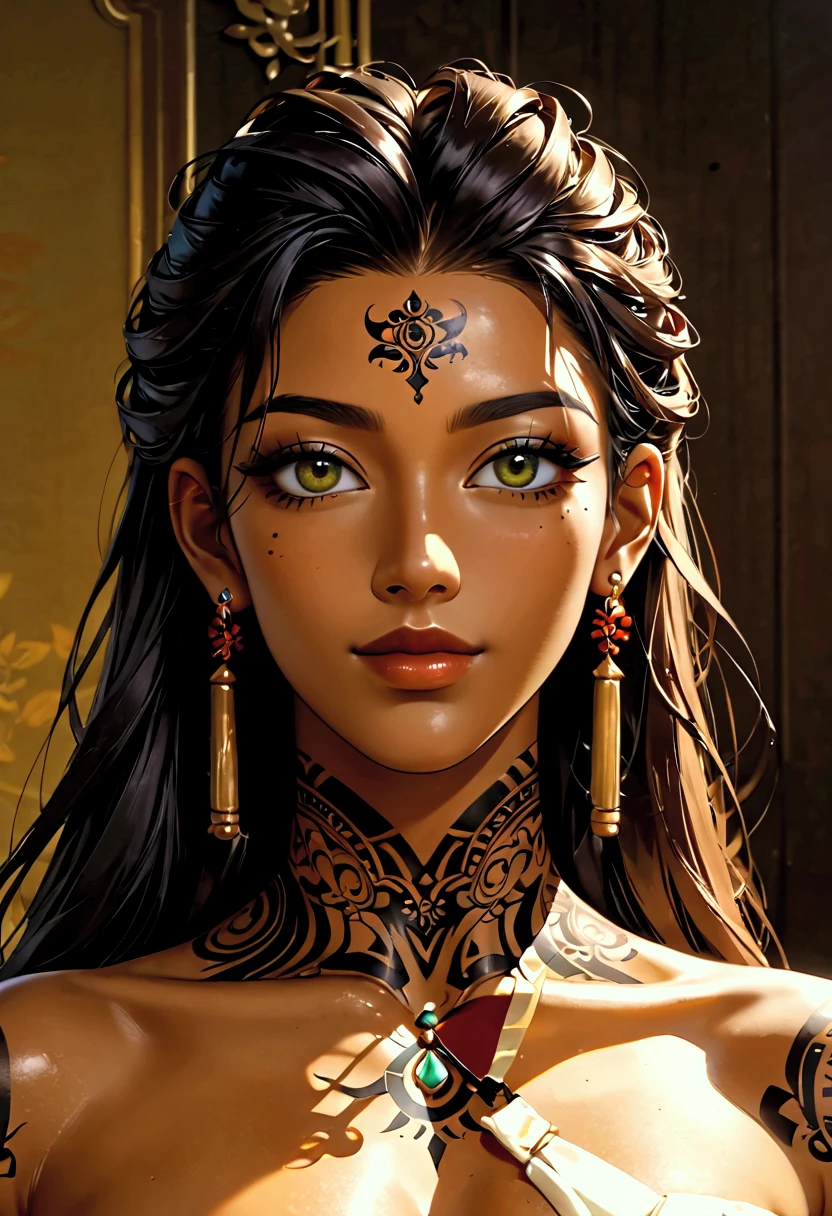 the expanse, belter, female, Taoist monk, olive skin, closeup, bust, tech tattoos on neck, eastern european features, -EARRINGS