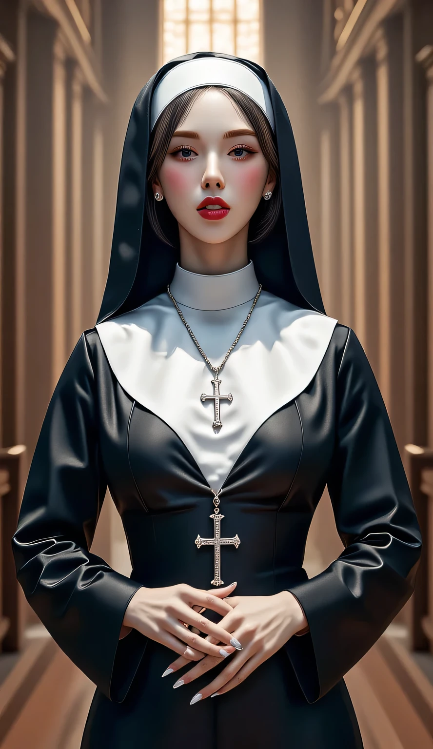  a 25-year-old woman, standing facing forward, In church ,  using the uniform of a nun ,  both hands are praying , lips are black , very detailed image quality ,  using a cross necklace 