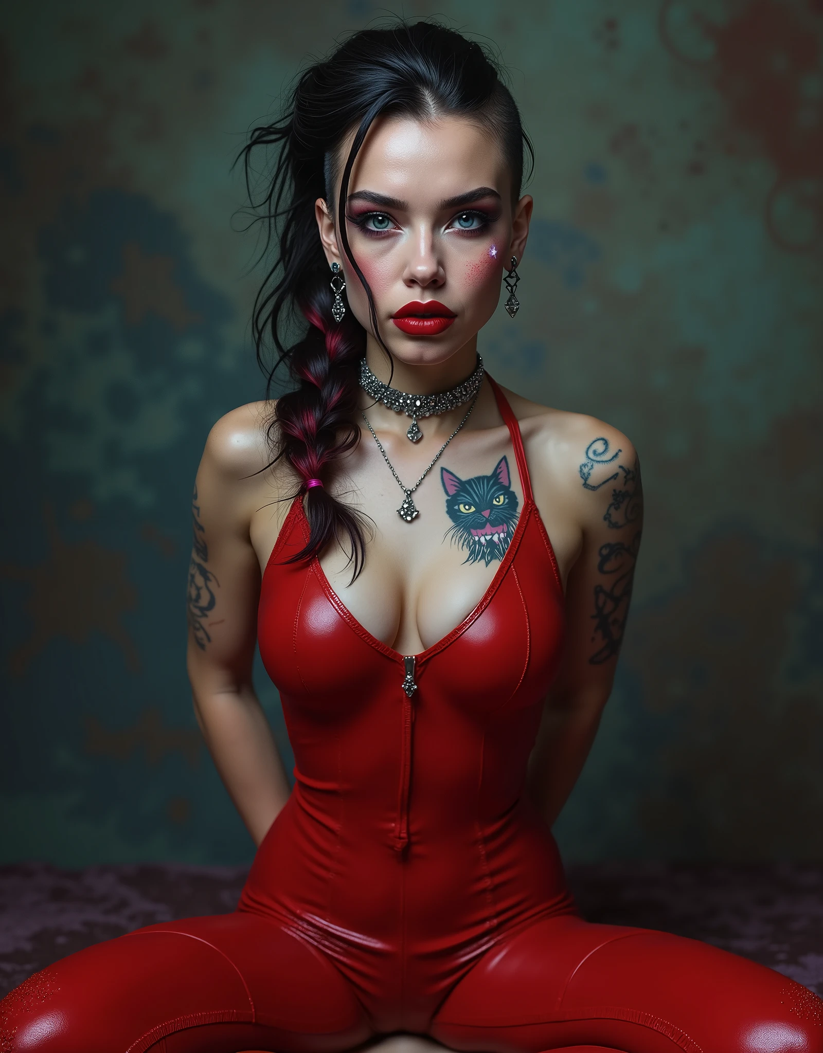 wide shot,realistic photo ,full body,Dahlia Sin'felle is a fascinating and complex character in the Forgotten Worlds. She loves the viewer and seduces him with lustful gaze and seductive open lips. Here is a detailed description of her appearance:

Hair: Her head is mostly shaved, except for a single braid of raven black and crimson hair running down the right side of her head.
Eyes: Bright blue eyes that often have an intense and penetrating look.
Face: She has tattoos of blue and purple ink, often taking the form of a lurking feline in heat.
Earrings: She wears diamonds in her left ear, one for each lover she has killed, and sparkling studs in her right ear for lovers she still wants to kill.
Clothing: She often wears a skin-tight shiny scarlet dress that is sleeveless, backless, and low-cut. Their clothing is both alluring and practical for battle.
Physique: She is tall and has an athletic figure that highlights her abilities as a warrior. With toned abs. Sitting straight in loving submission. facing the viewer frontal. slim muscular legs.
Dahlia is known for her beauty and deadly nature. reaslistic skin texture. sensual eye contact. photorrealistic. seductively opened glossy cherry red lips. dark glossy goth makeup. facing the viewer. looking with lust into the viewers eyes. horny face expression. firm fake round breasts. choker. sitting upright with legs spread on a chair, thigh gap, open seductive mouth with lips seductively opened, legs spread, worshipping her master, manspreading, hands behind back, hands not visible,feet obscured and not visible

