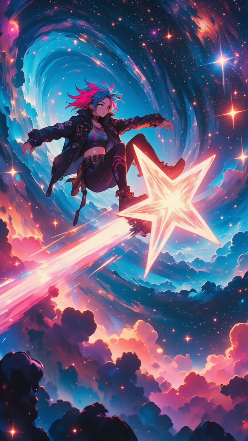 (masterpiece, high quality, high definition, 4k, 8k, detail), girl riding a star, punk style girl riding a star, mach through space, glowing space stars, motion blur lines, absurd world, dynamic composition, impossible world, cinematic poster,
