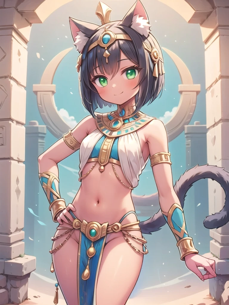 1girl, solo, masterpiece, best quality, good hands, smile, closed mouth, egyptian clothes, black hair, bob cut, green eyes, tiara, cat ears, cat girl, cat eyes, cat tail, animal tail, dark skin, jewelry, midriff, short hair, bare legs, pelvic curtain, crop top, bare shoulders, wrist cuffs, animal ear fluff, egyptianworld, tan, usekh collar, long pelvic curtain, hand on hip