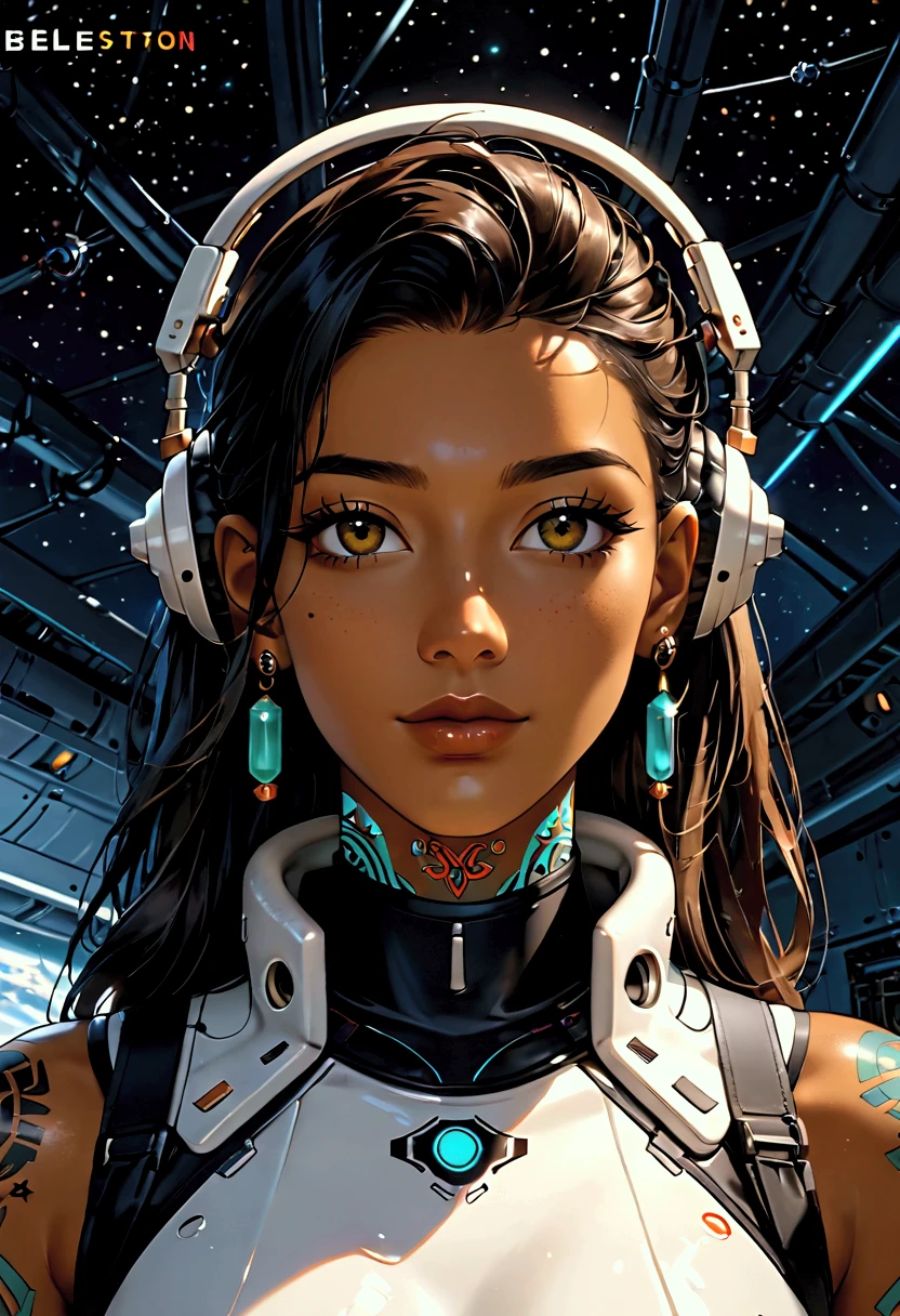 the expanse, belter, female, Taoist monk, olive skin, closeup, bust, tech tattoos on neck, eastern european features, -EARRINGS audiophile, headphones, void suit, background space station