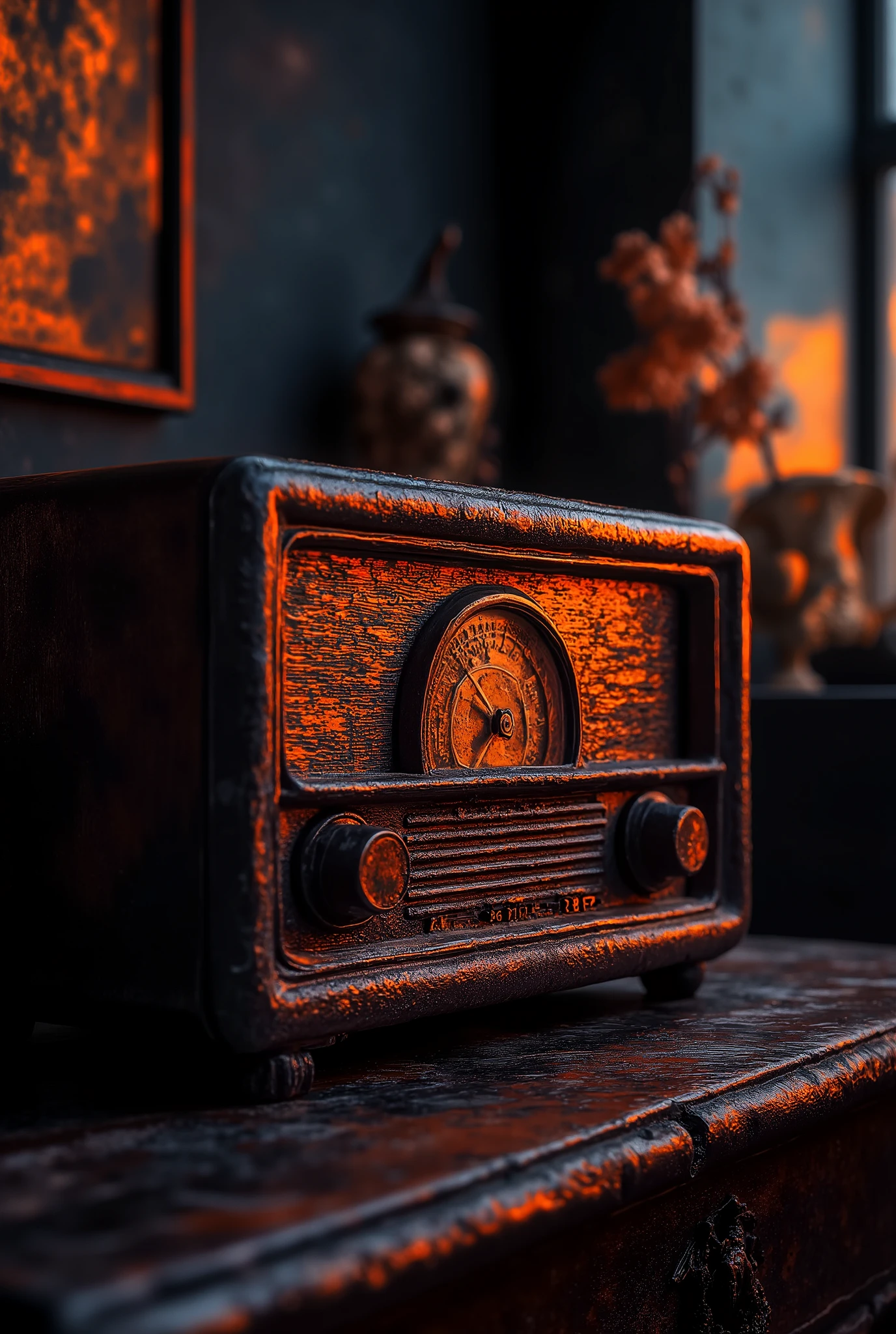 Close-up of the vintage radio, its dials glowing faintly in dim light.