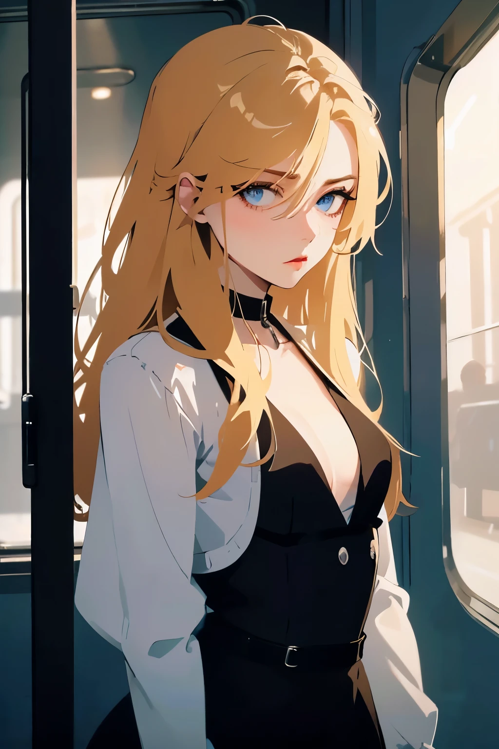 masterpiece ( best quality: 1.2), (very good: 1.2) depicts an attention-grabbing image of a woman with blond hair and blue eyes. She is petite (Small chest: 1) With prominent hips , , in a black dress and a loose white vest . She stands confidently in the train .