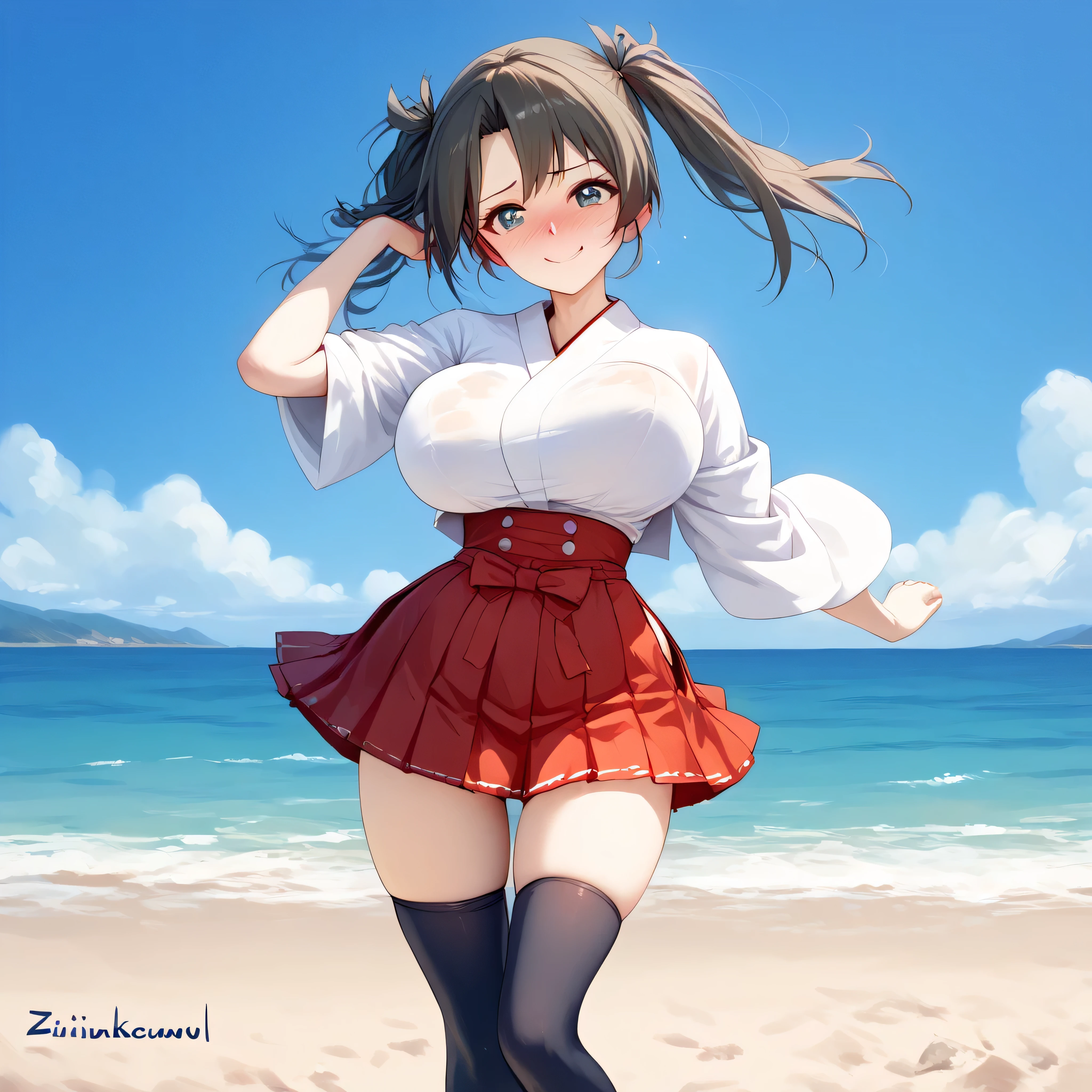 1girls, Cabello rubio corto, ojos rojos, piel blanca, pechos grandes, criss-cross halter, sonriente, pose alegre, en ciudad de dia,