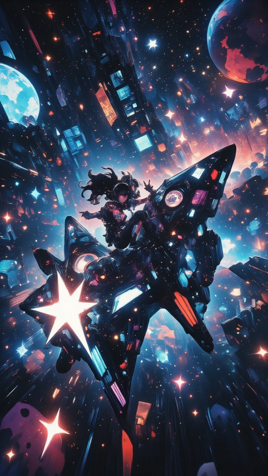 (masterpiece, high quality, high definition, 4k, 8k, detail), girl on star shaped spaceship, punk style girl piloting, girl seen through spaceship window, mach through space, stars stars stars glowing in space, motion blur lines, absurd world, dynamic composition, impossible world, cinematic poster,
