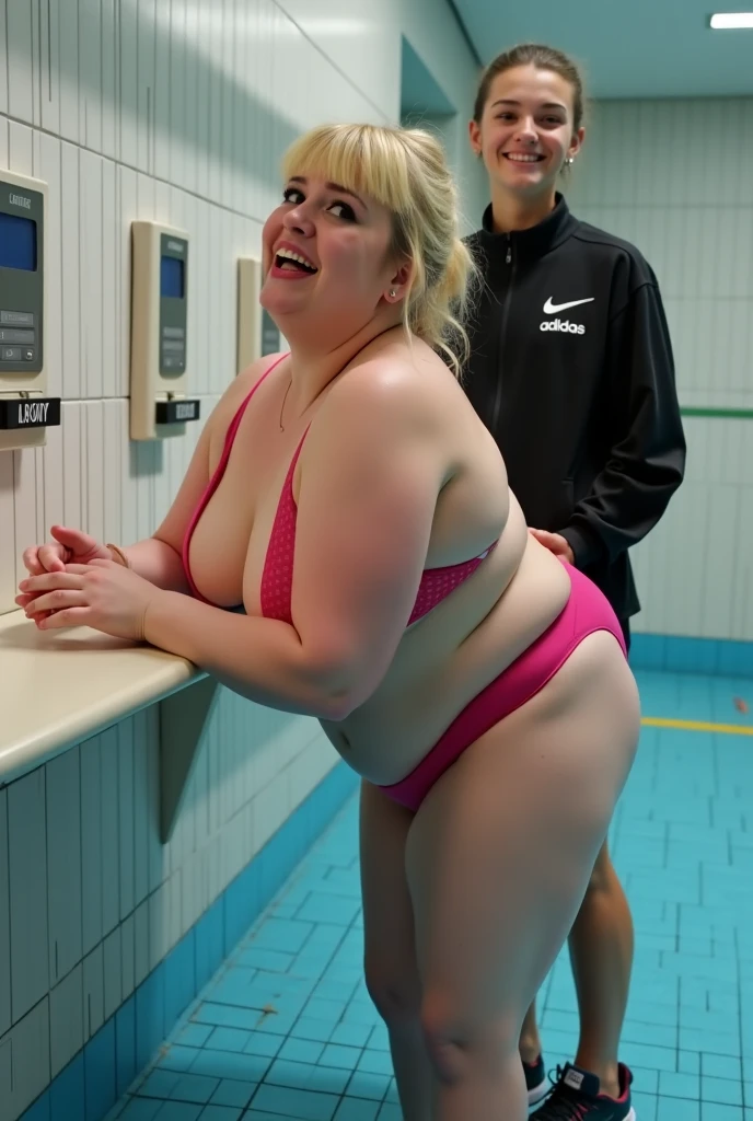 Chubby bbw thic fat blonde woman, chubby belly, blonde hair, wearing black bikini, standing-up in locker room, boyfriend hugging from behind, 4 men watching, kissing with boyfriend, heterosexual couple, 4 men, several man, romantic, love, view from the side