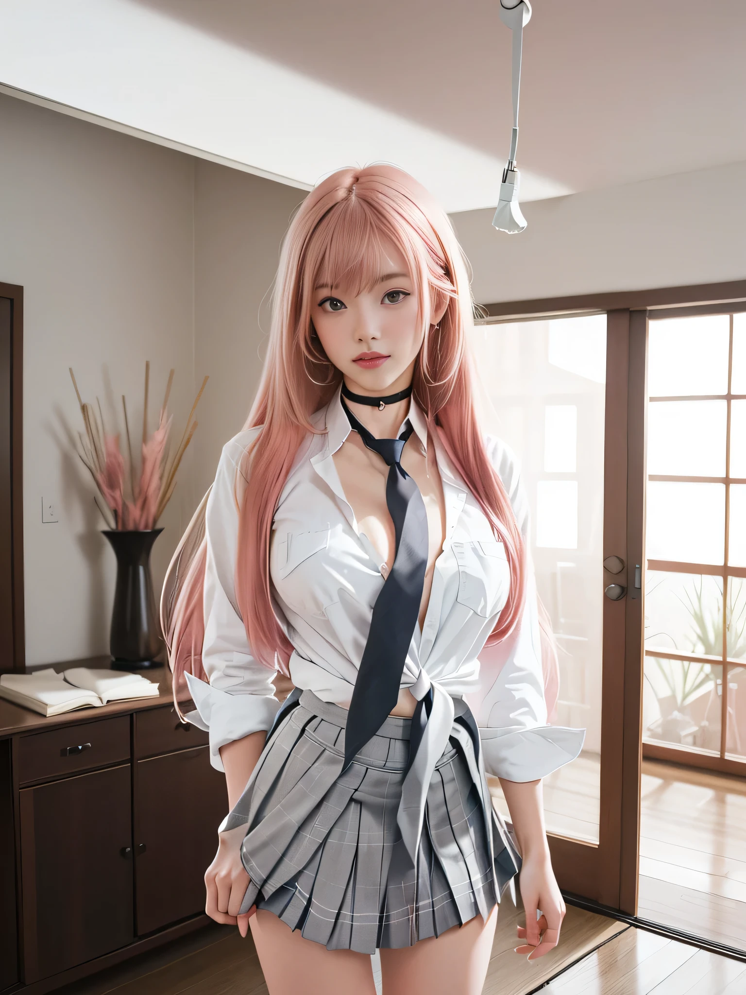 ((Top Quality、16K、masterpiece:1.3))、a tall and beautiful woman、Perfect Figure:1.4、(dream aesthetic) Slim Abs, young natural girl (beautiful) solo, long voluminous pale-pink hair 、messy hairstyle (with hair bangs), turquoise-blue eyes, pale-white skin (highlighted, realistic shading)、natural bust、Highly detailed facial and skin texture、(A detailed eye, Symmetry Eyes, Clear realistic eyes, Double eyelidd、Cold-stricken face、Symmetrical face), very realistic skin, goth makeup, Royal sisters full of fans、The Telegraph Esbian、peach buttocks, white shirt (wet), miniskirt, black tights, cleavage, squart、(Raw foto:1.2)、((Photorealcitic:1.4))Top Quality、masterpiece、Real Photography、very delicate and beautiful.、super detailed CG、Unity、8K photo wallpaper、delicate detail、best qualtiy、Highly detailed CG unity 16k wallpaper、absurderes、Incredibly Absurd、huge file size、extremely highly detailed、Hight Resolution、ighly Details、Beautiful detail girl、extremely beautiful eyes and face, cute eyes look、Facial light、cinematic lightings、(Proportional hips, thick thighs, beautiful legs, realistic pantyhose) 1girll、see -through, inside house (bedroom) 、ulzzang-6500、The Telegraph Esbian, different poses at different angles,