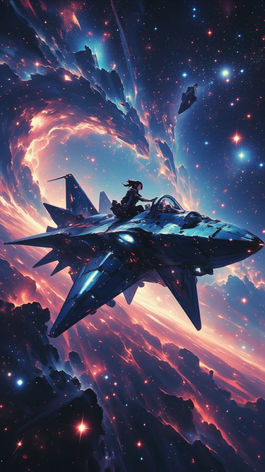 (masterpiece, high quality, high definition, 4k, 8k, detail), girl on star shaped spaceship, punk style girl piloting, girl seen through spaceship window, mach through space, stars stars stars glowing in space, motion blur lines, absurd world, dynamic composition, impossible world, cinematic poster,
