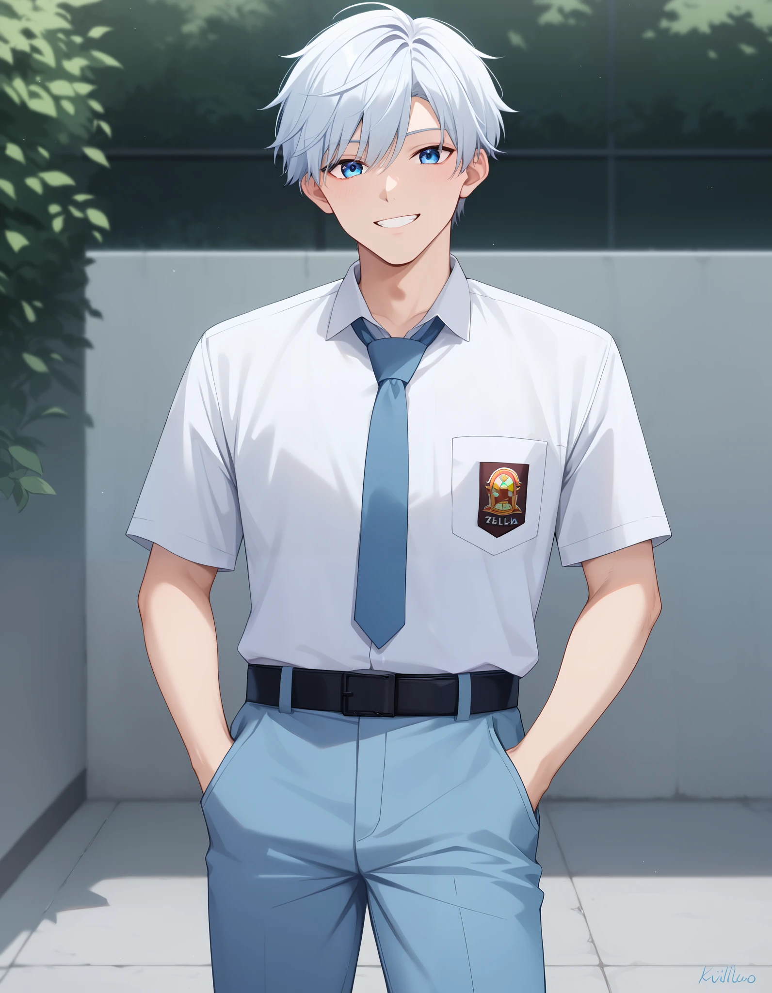 Masterpiece, hd, best quality,1boy, Killua Zolyck, 1boy, male focus, hxh, White hair, blue eyes,, Indonesia high school uniform, wearing white collared shirt, short sleeves, light blue trousers, long pants, light blue neck tie, pocket, school logo on pocket, wearing black belt, outdoor, smile, standing, cowboy shot
