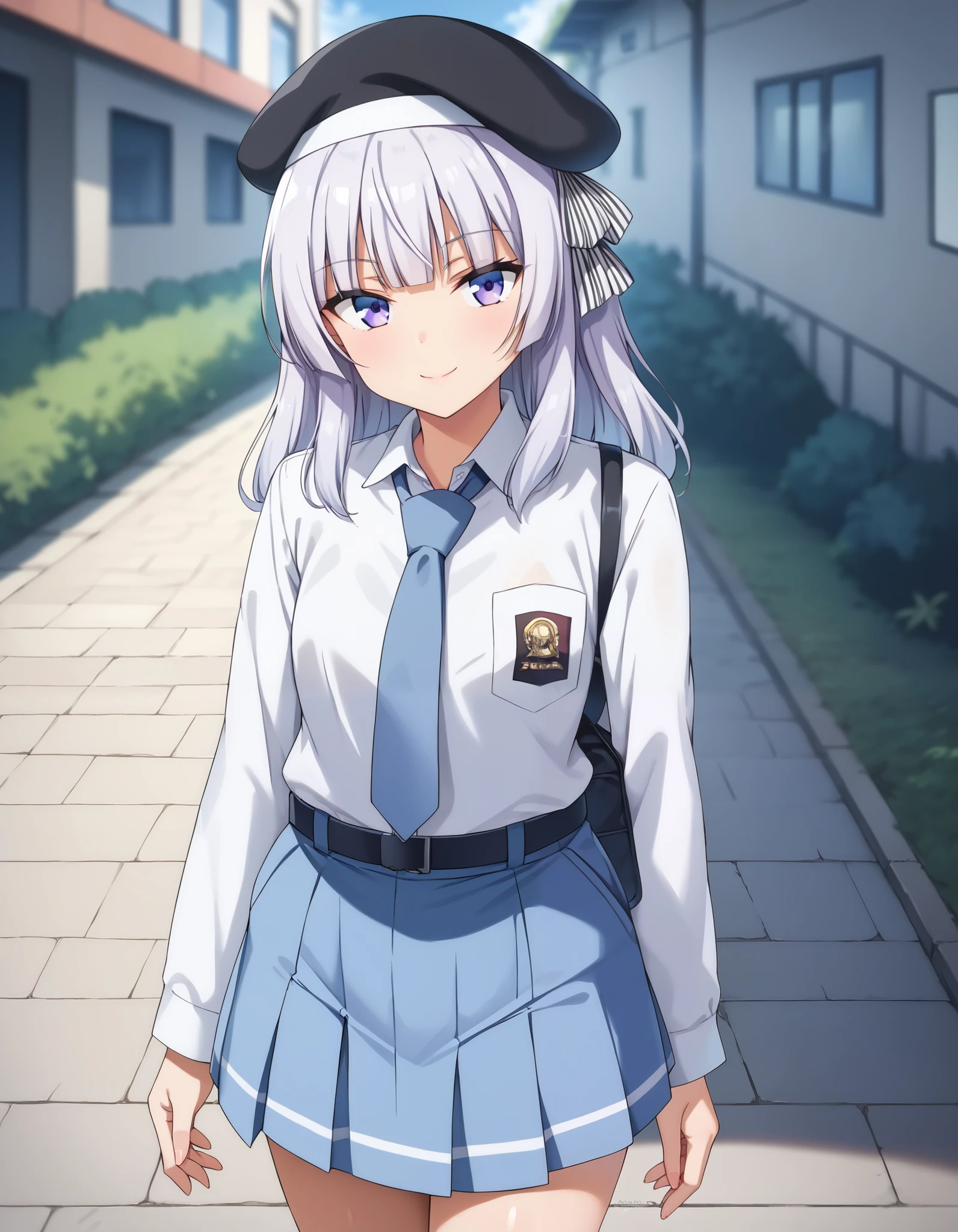 Masterpiece, hd, best quality, closed mouth, light smile, light blush, long hair, sakayanagi, 1girl, blunt bangs, white hair, purple hair, purple eyes, beret, Indonesia high school uniform, wearing white collared shirt, short sleeves, light blue skirt, pleated skirt, light blue neck tie, pocket, school logo on pocket, wearing black belt, outdoor,  smile,  standing, cowboy shot