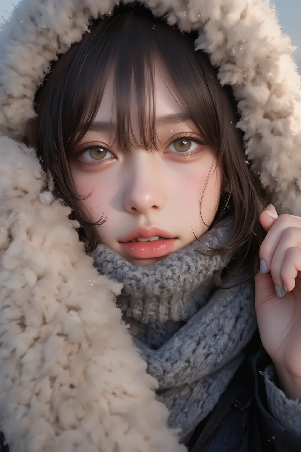 ((  炭鉱in化粧なし  、   close eyes  、   close your mouth:1.2))、(   realistic  、 Photo  realistic  、   very detailed、  realistic skin type  、  in、 the thinnest skin   、   top quality 、    Penis Masterpiece   、   Ultra Fine )、   very short hair  、、    high school girl with visible armpits   、   young girl、   1 girl、 bang 、 double eyelids、Drooling eyes、    The Face of Japan    、purity、Double teeth、   realistic  肌タイプ、Thick muffler、   gray scarf   、 fluffy hair that pulls the body together、((    is on the inside 、The hair is muffler    :1.3))、   red cheeks   、    the wind is blowing   、that&#39;   snowing   、 knight 、illumination、  in、The light is shining from behind  ,((  Cowboy Shots ))、