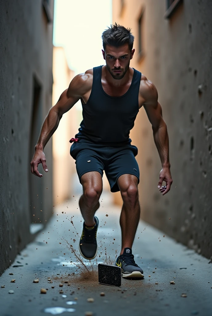 "Design a scene depicting a determined athlete training in a run-down urban area. The athlete's focus and perseverance should contrast with the dilapidated surroundings, symbolizing hope and resilience in the face of adversity. Add elements like motivational graffiti and onlookers inspired by the athlete's dedication."