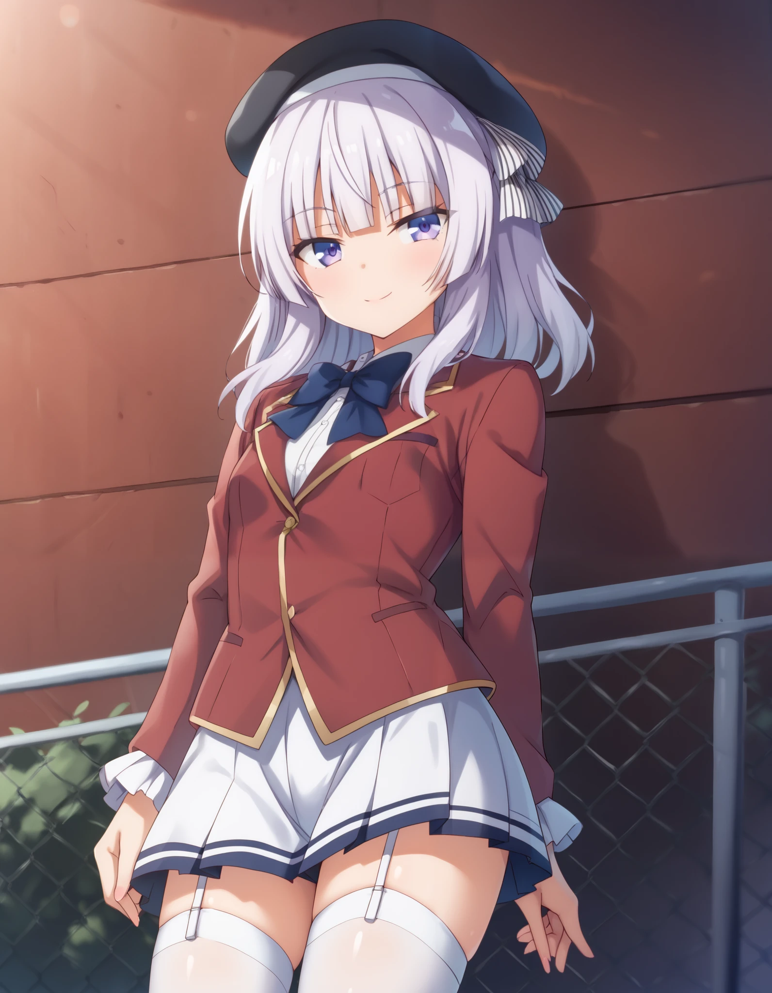 Masterpiece, hd, best quality, closed mouth, light smile, light blush, long hair, sakayanagi, 1girl, blunt bangs, white hair, purple hair, purple eyes, beret, school uniform, red jacket, collared shirt, bowtie, white skirt,white thighhighs, garter straps, outdoor,  smile,  standing, cowboy shot