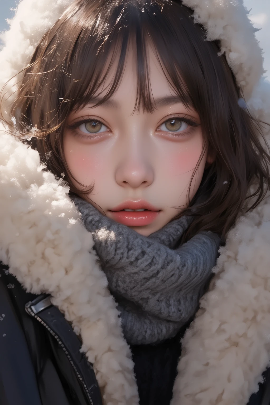 ((  炭鉱in化粧なし  、   close eyes  、   close your mouth:1.2))、(   realistic  、 Photo  realistic  、   very detailed、  realistic skin type  、  in、 the thinnest skin   、   top quality 、    Penis Masterpiece   、   Ultra Fine )、   very short hair  、、    high school girl with visible armpits   、   young girl、   1 girl、 bang 、 double eyelids、Drooling eyes、    The Face of Japan    、purity、Double teeth、   realistic  肌タイプ、Thick muffler、   gray scarf   、 fluffy hair that pulls the body together、((    is on the inside 、The hair is muffler    :1.3))、   red cheeks   、    the wind is blowing   、that&#39;   snowing   、 knight 、illumination、  in、The light is shining from behind  ,((  Cowboy Shots ))、