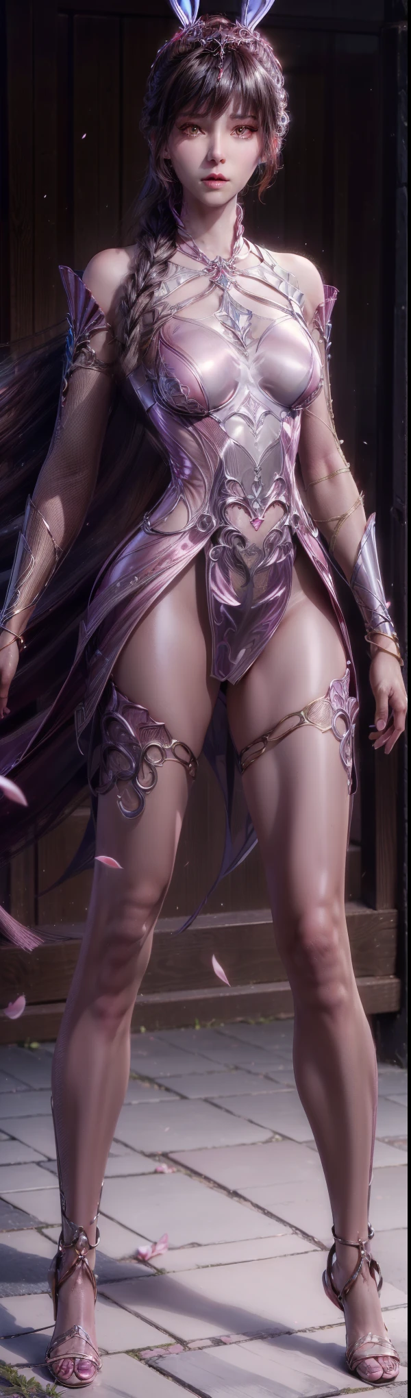 1girll, 独奏, tmasterpiece, CG, 8K, RAW photogr, pic, simple backgound, (looking at the camera in:1.2), Cowboy shooting, standing on your feet, posing on a, Hyper detailed skin, (Super detailed face:1.2), (Pink iris:1.3), eyeslashes, Black eyeliner, black eyeshadows, tiara crown, braidedhair, Tattoo on the forehead, short detailed hair, Golden hair, pony tails, beaturiful body, detailed outfits, long skirt, High slit, Separate the sleeves,big cleavage breasts, white stockings, kneeboots,