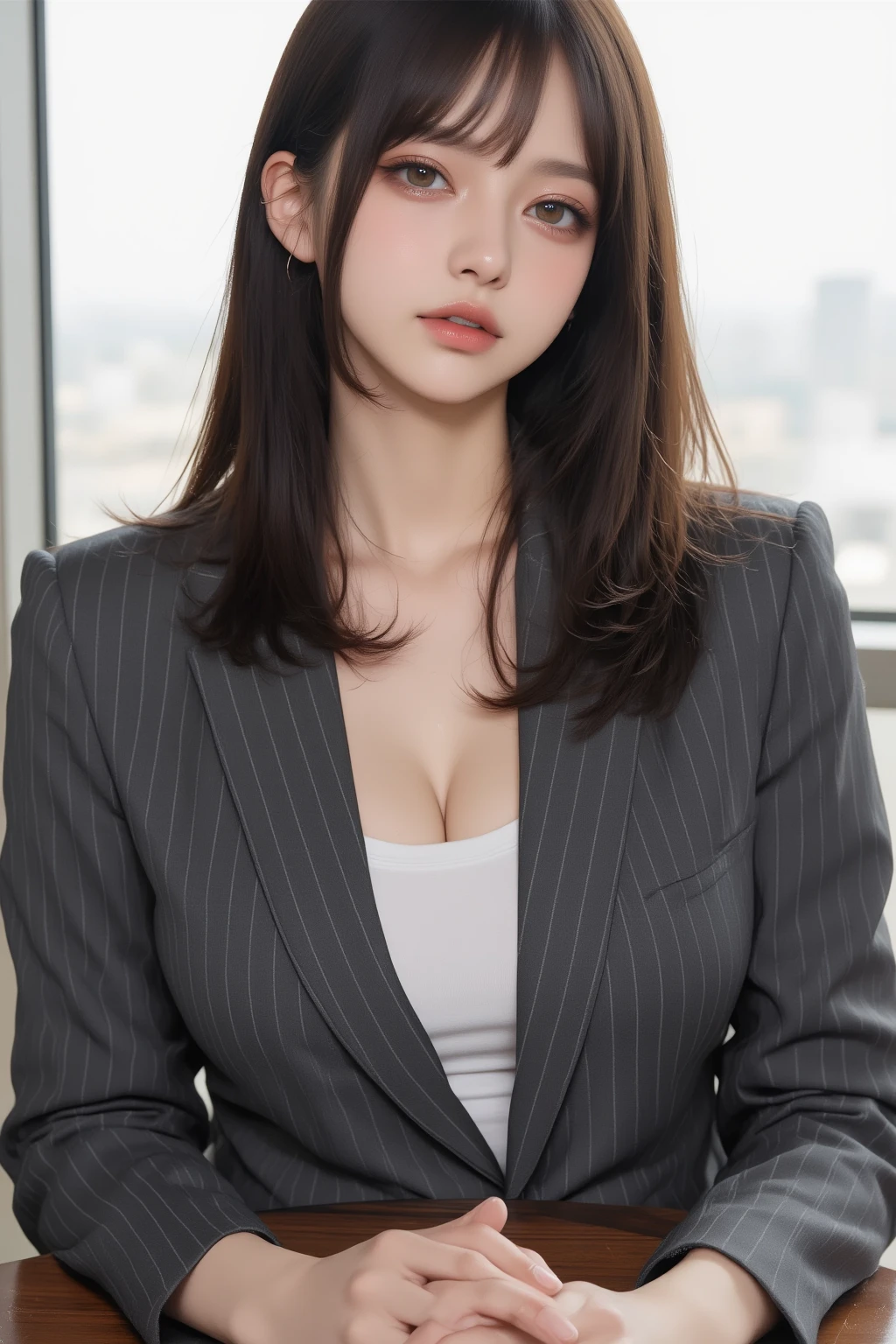 Masterpiece,  best quality ,  1 girl, Alone,  upper body, Some ,  stylish business wear ,  with a gray pinstripe suit 、 fitted jackets are visible in the bright conference room,  wearing a white tank top inside in a bright conference room ,   serious expression, subtle  reflections  on the meeting table,  focusing on the details of the face and suit , slightly turned to the side" ( accentuating details of the face and suit ,  reflections ,  Sharp focus ).