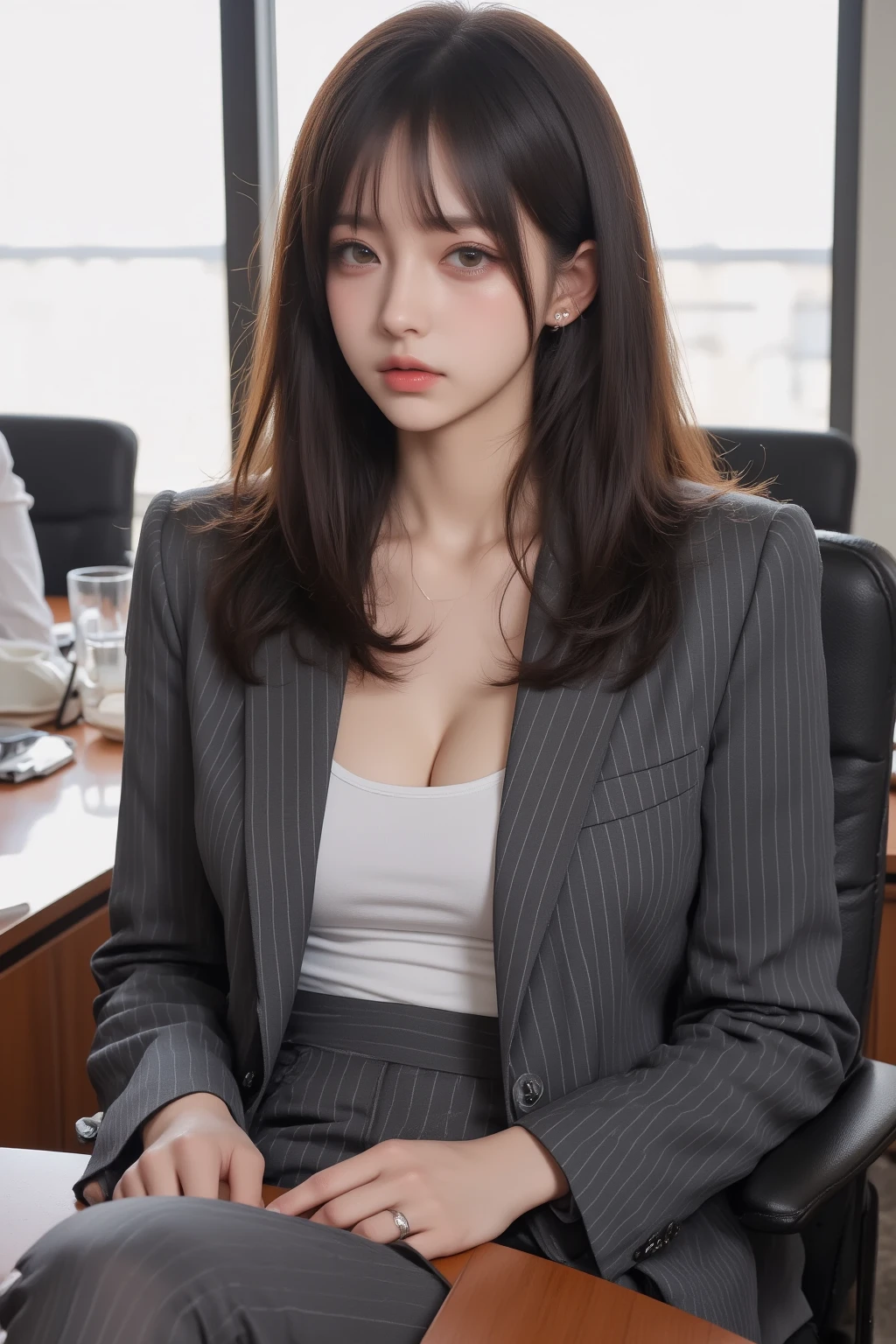 Masterpiece,  best quality ,  1 girl, Alone,  upper body, Some ,  stylish business wear ,  with a gray pinstripe suit 、 fitted jackets are visible in the bright conference room,  wearing a white tank top inside in a bright conference room ,   serious expression, subtle  reflections  on the meeting table,  focusing on the details of the face and suit , slightly turned to the side" ( accentuating details of the face and suit ,  reflections ,  Sharp focus ).