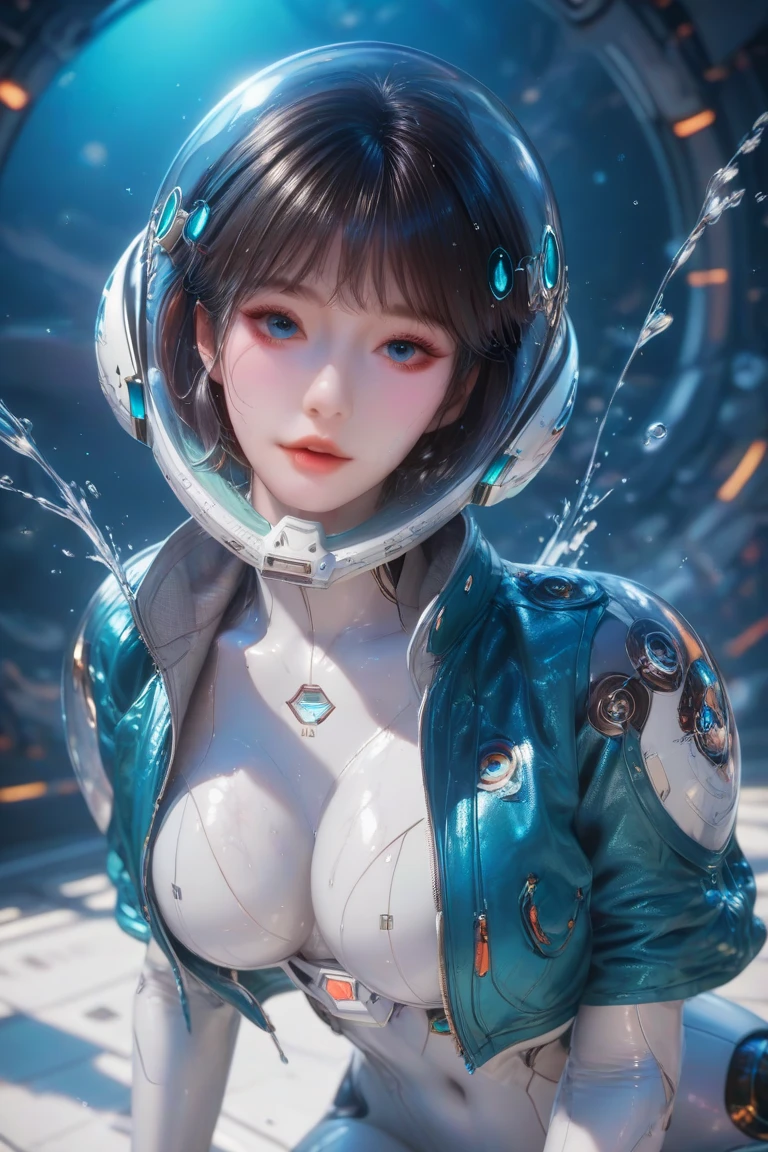 5k, gaming art style, korean, Close up, Front viewer, a hyper-realistic and ultra-detailed photo of a beautiful girl, ultra-realistic, 1 girl,  looking at the viewer , white bodysuit, blue jacket, blue shirt cropped jacket, (futuristic glass and metal space helmet:1.3), Upper body, Perfect Eyes, perfect big breasts, full body:1, boots, at a rock pool:1.3, wet, splashes of water:1, boots:1, leaning forward face up close, short hair, sexy, in the water:1, medium breasts